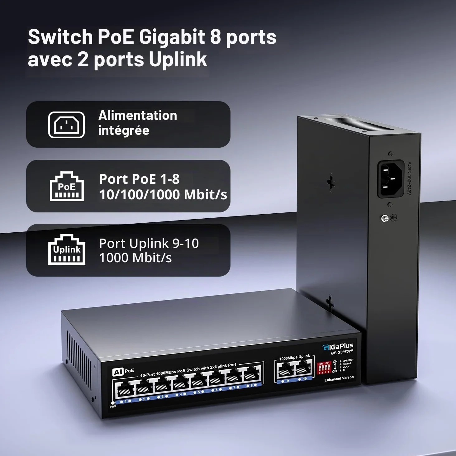 10 Port Gigabit PoE Switch with 8 Port PoE+ 1000Mbps, 2x1000Mbps Uplink, GiGaPlus 10 Port IEEE802.3af/at PoE @72W, Support VLAN, AI watchdog, Metal Housing, Desktop Or Wall-Mount, Plug & Play