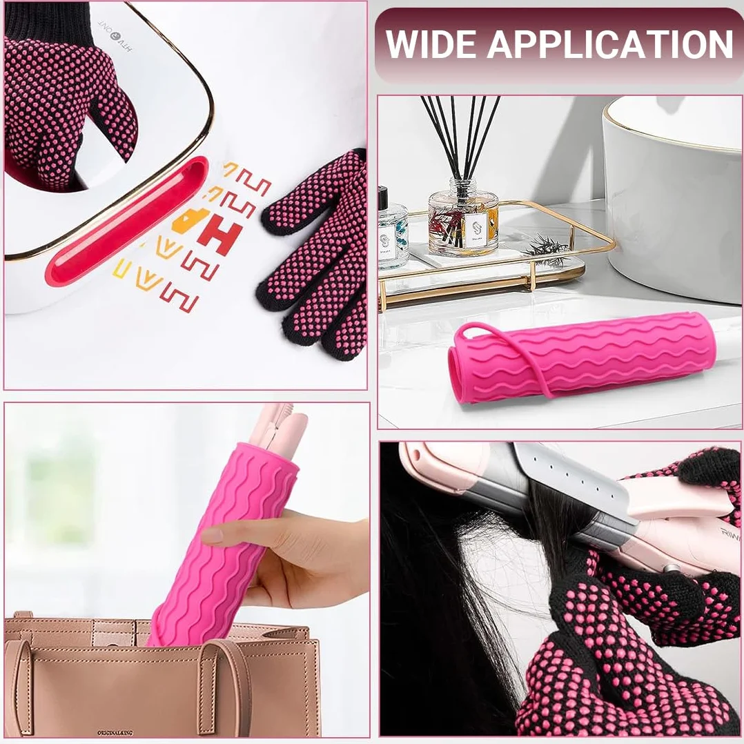 Gants Anti Chaleur et Coussin Anti-brûlure pour Coiffure, Rose