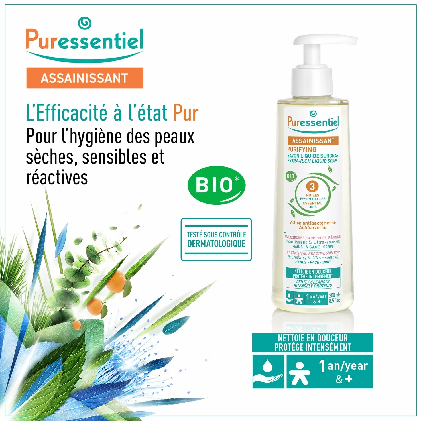 Puressentiel Savon Liquide Surgras BIO aux 3 Huiles Essentielles Antibactérien Visage Mains Corps Peaux Sèches 250ml