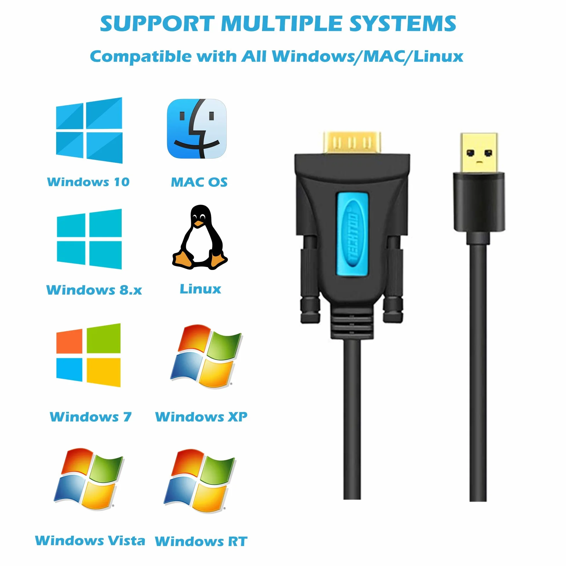 TECHTOO Adaptateur convertisseur professionnel FTDI à 2 ports USB vers câble série RS232 DB9 9 broches mâle vers mâle avec vis moletée