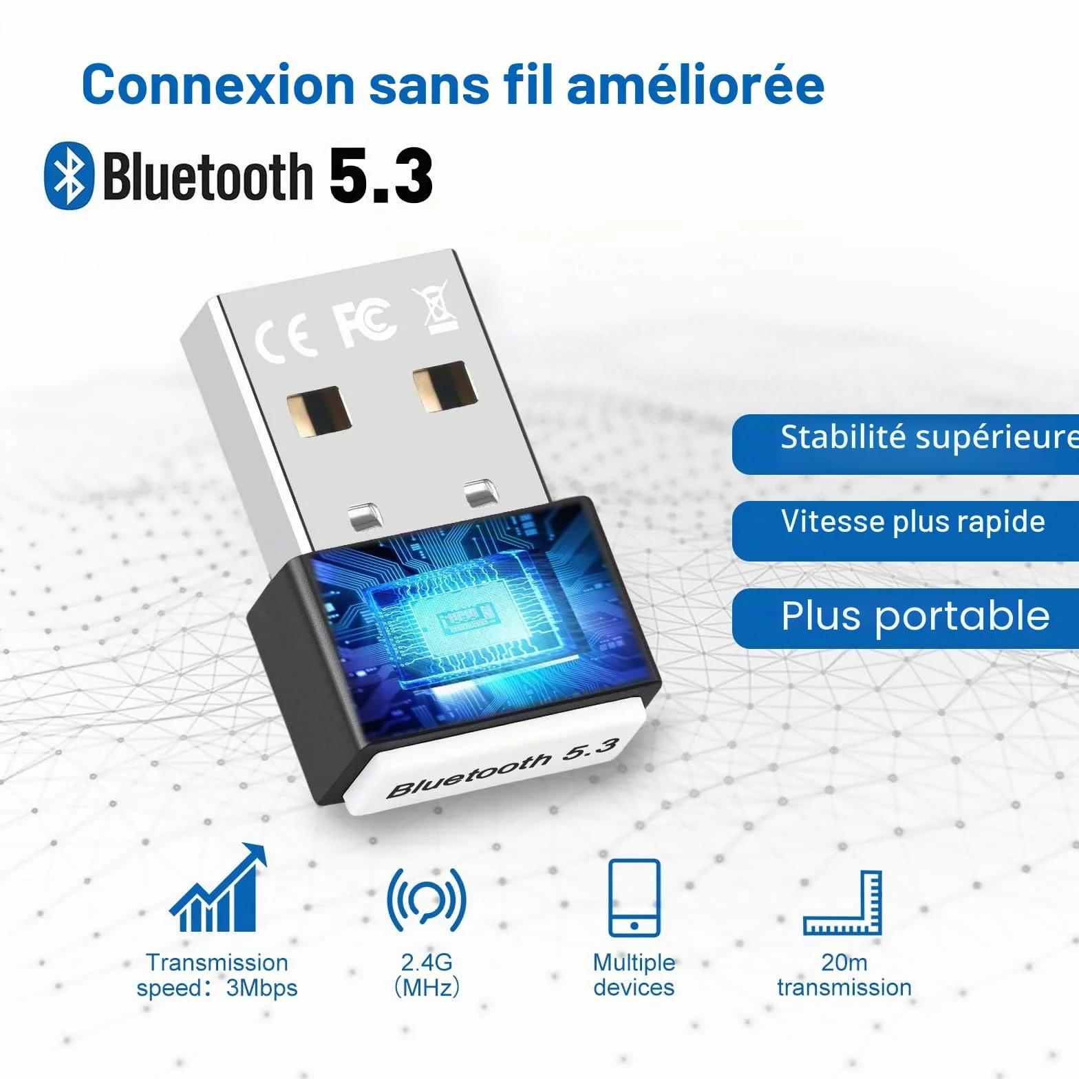 Dongle Bluetooth 5.3 Cle Bluetooth pour PC Faible Latence Compatible Windows 11/10/8.1/7 USB