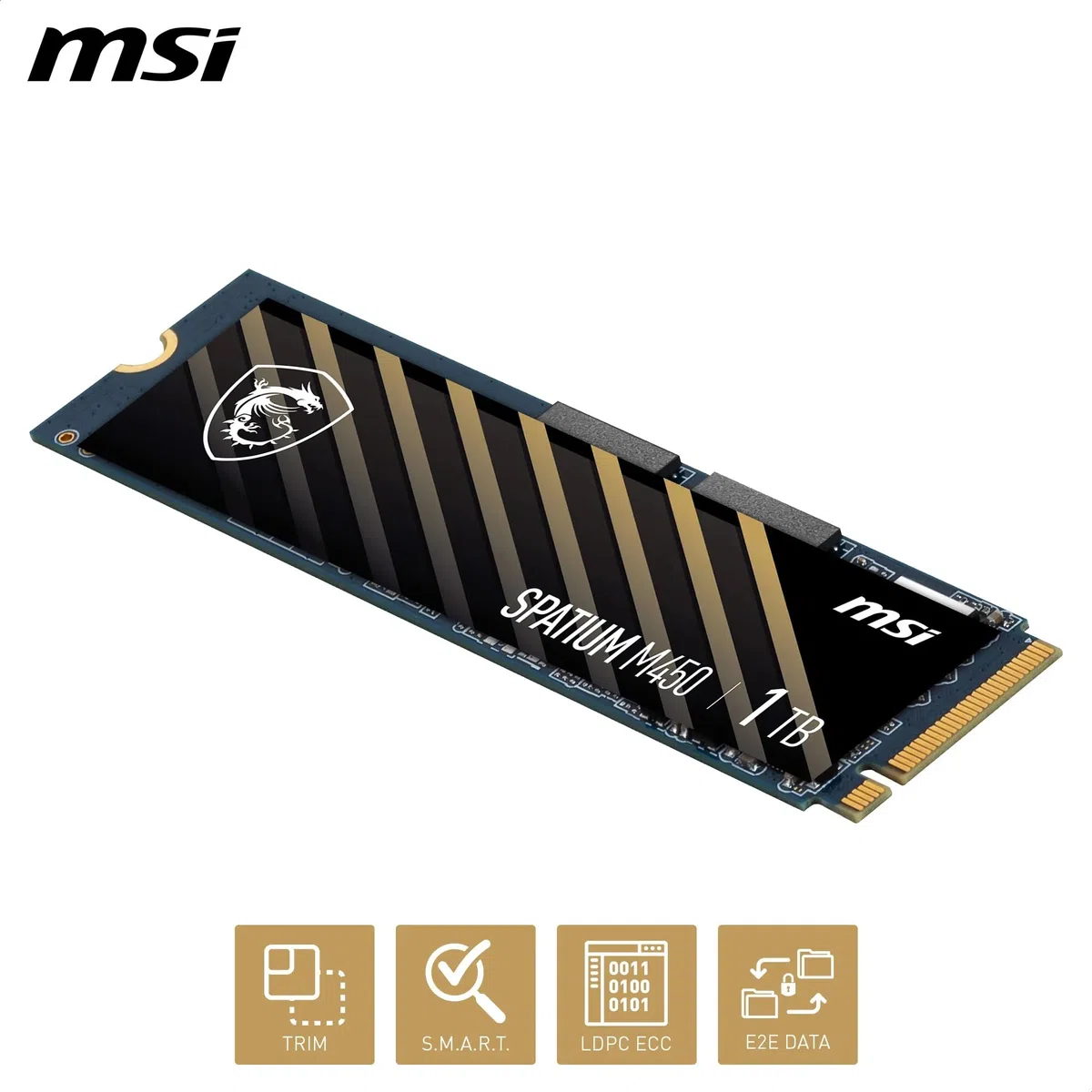 MSI M450 PCIe 4.0 NVMe M.2 1TB V1 - Disque SSD Interne 1 to, PCIe 4.0 NVMe M.2, Lecture 3400 MB/s & Écriture 2400 MB/s, 3D NAND, Sécurité des Données Intégrée, 350 TBW, Garantie 5 Ans