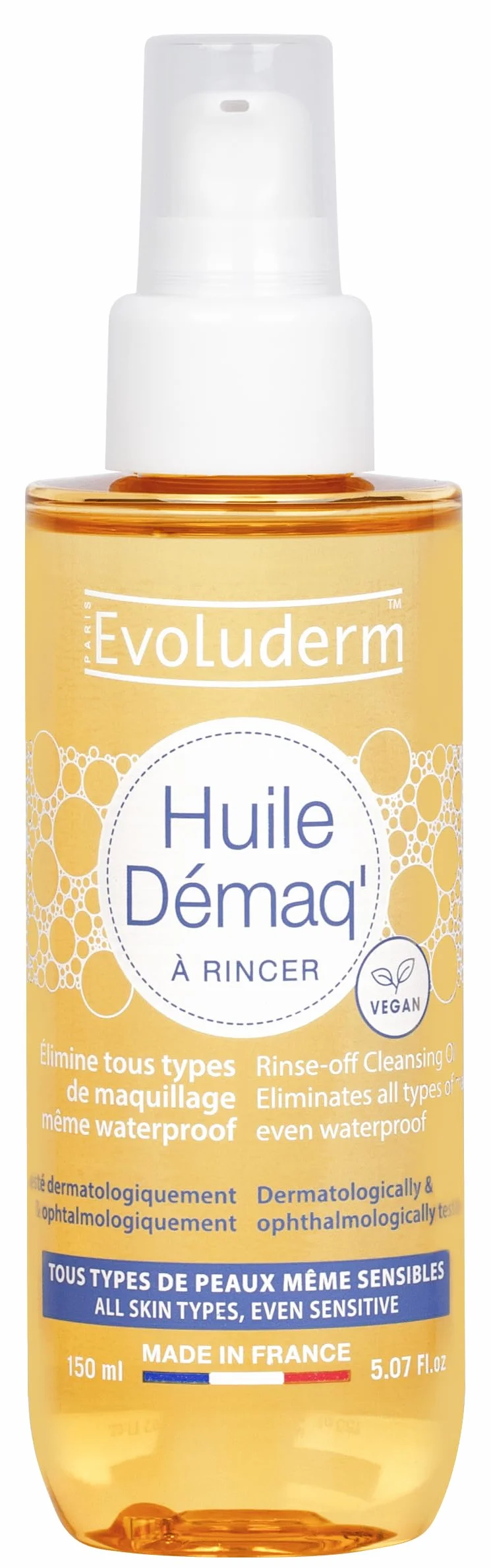 Huile Démaq' EVOLUDERM 150 ml Ingrédients d'Origine Naturelle Végan Fabrication Française