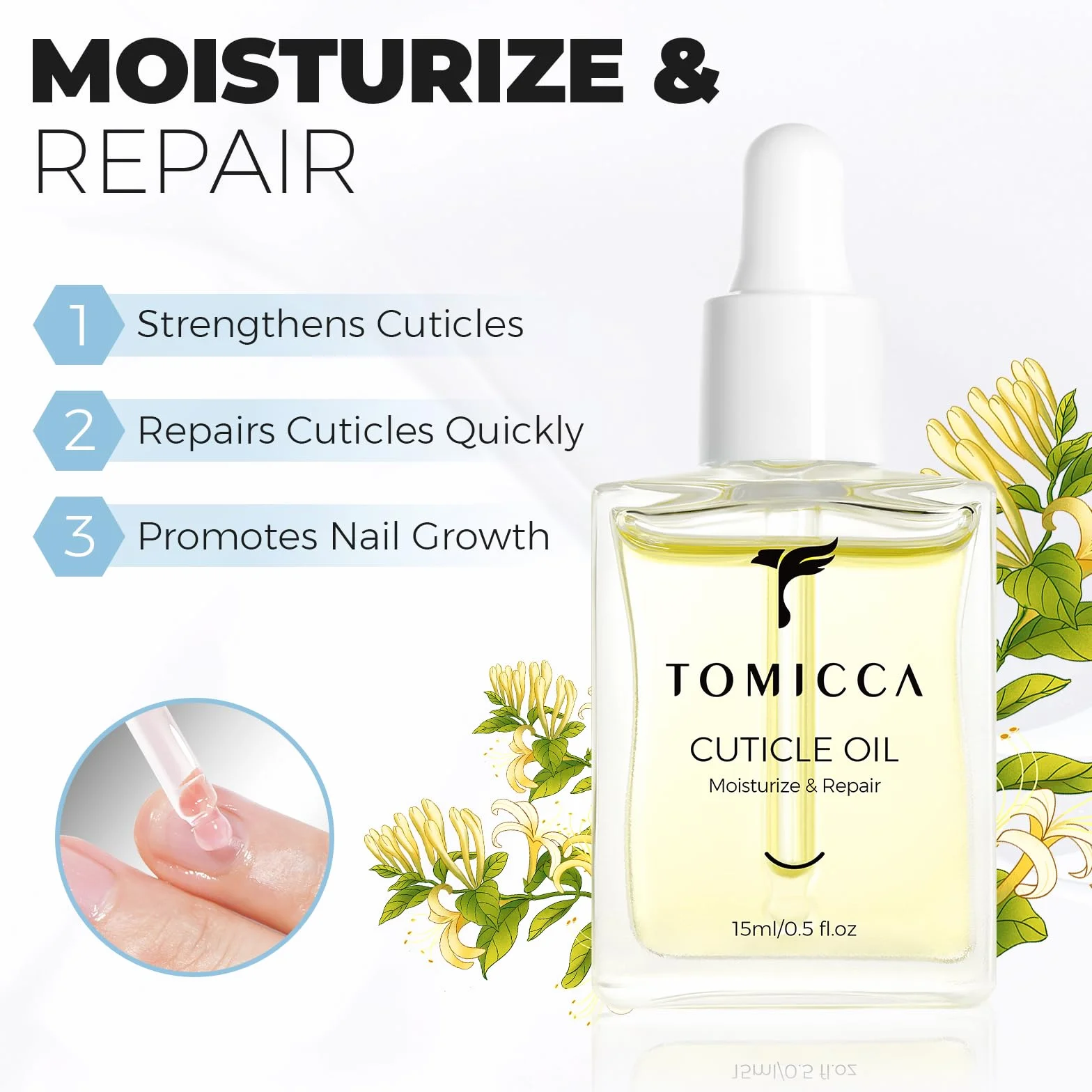 TOMICCA Huile Cuticules Ongles 15ml Nagelöl Pflege pour Nägel & Nagelhaut Bio-Ölen Vitamine E Ongles Fins Geißblatt