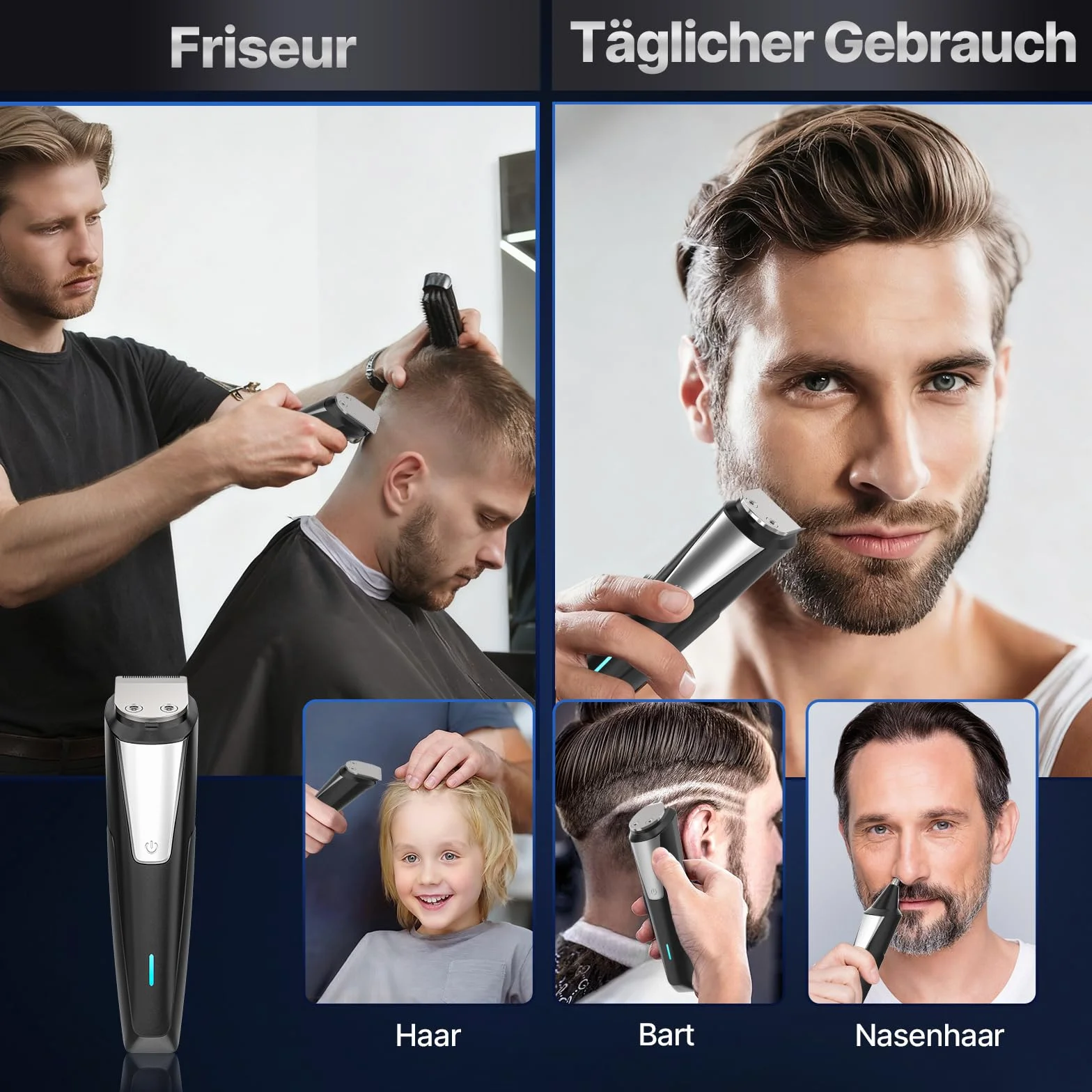 Valano Tondeuse Cheveux Hommes 3 en 1 Rasoir Electriques Set, Tondeuse Barbe Sans Fil avec 9 Sabots 1-16mm, Multi-function Men's Groomer Noir