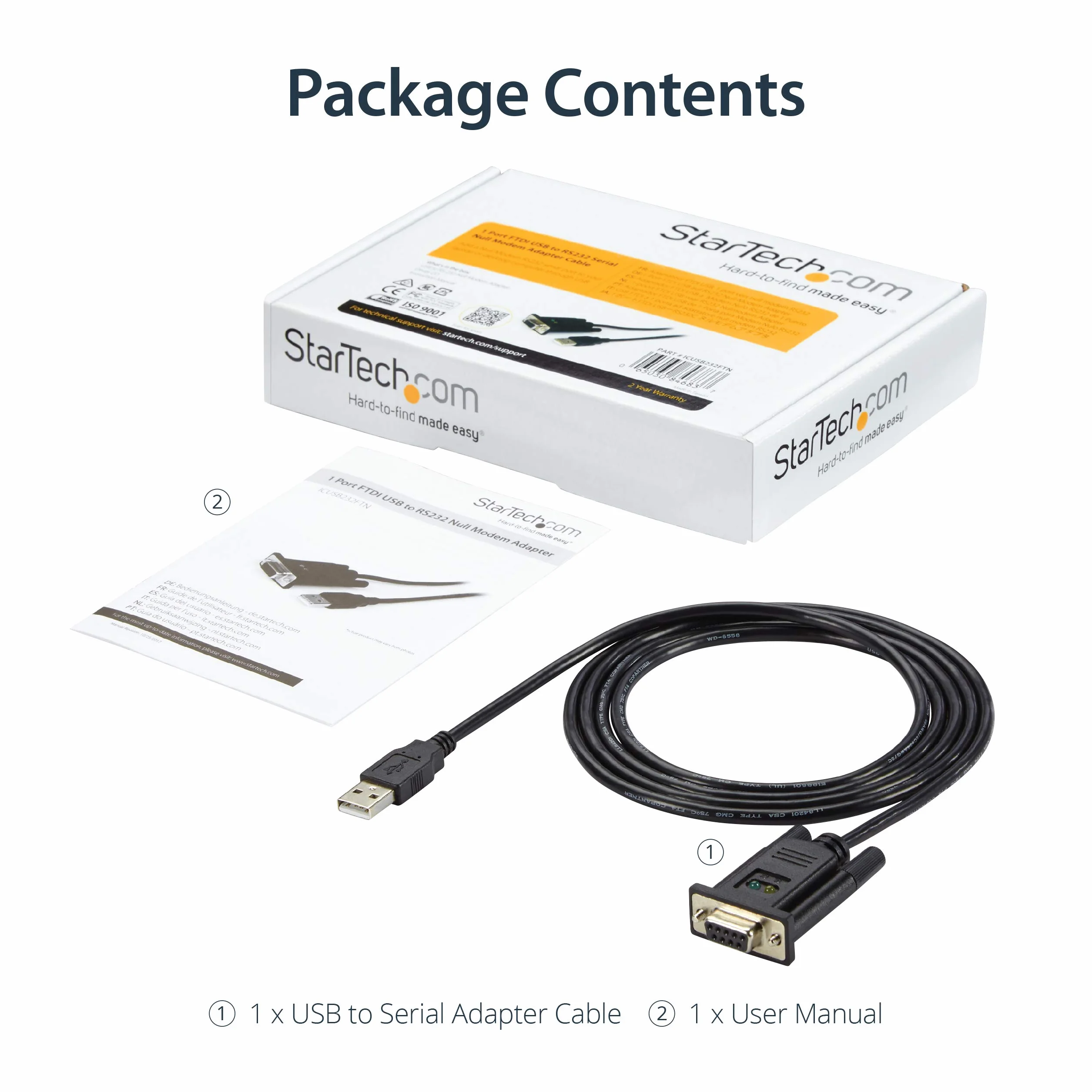 StarTech Adaptateur USB vers Série RS232 1,8m, DB9 DCE, FTDI (ICUSB232FTN) | Câble adaptateur série, Null Modem, USB 2.0, Windows, Mac, Linux, 921, 6 Kbps, 1 Port
