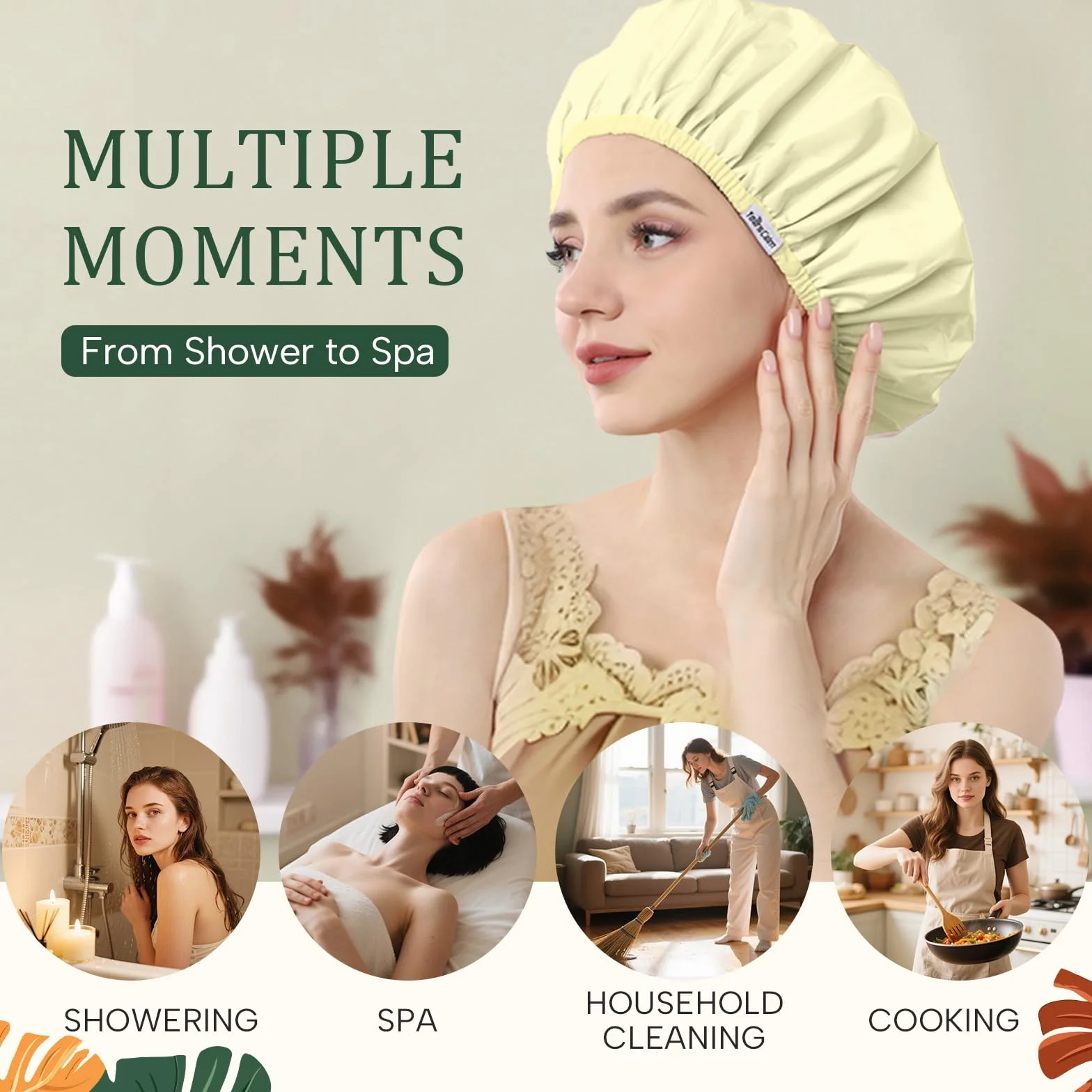 Lot de bonnets de douche réutilisables et imperméables pour femmes – Bonnet élastique à double couche avec impression botanique tropicale