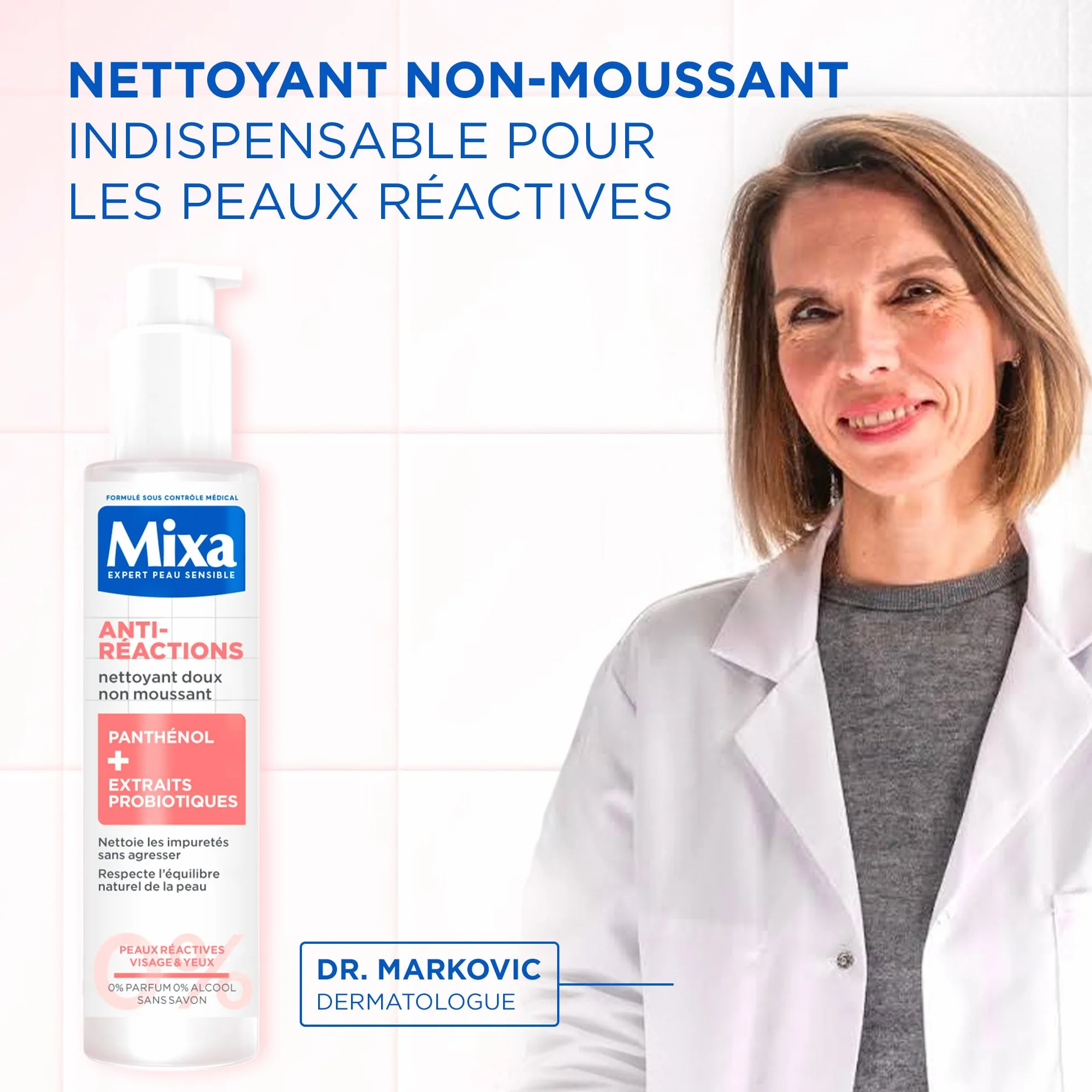 MIXA Nettoyant Visage Anti-Réactions 150 ml Panthénol Extraits Probiotiques Sans Parfum Sans Savon