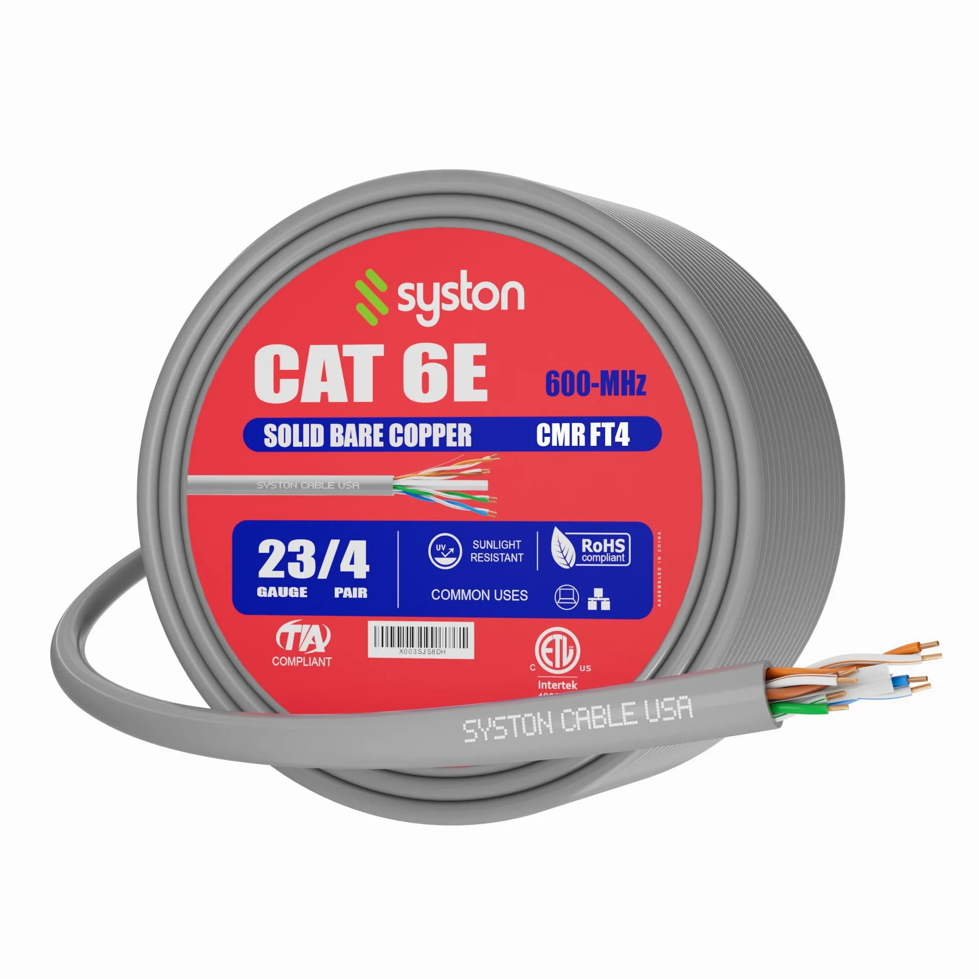 Syston Cable Technology Câble Ethernet Cat6(e) 23 AWG 4 pr Cuivre nu massif brut 600 MHz 30,5 m Extérieur/intérieur Résistant à la chaleur Riser évalué CMR Gris sans extrémités 3 m à 3000 m disponible
