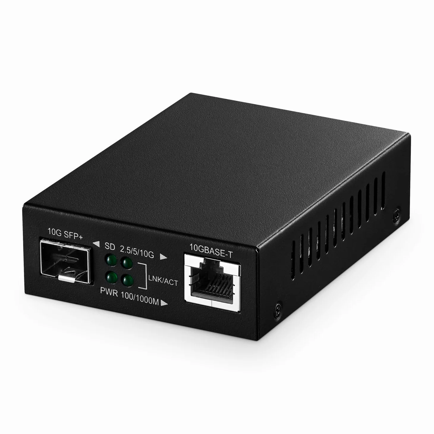 Binardat 10G Fiber Media Coverter, 2 ports 10 Gigabit Ethernet, 1 port RJ45 10G, 1 port SFP 10G, mini boîtier en métal sans ventilateur, plug and play non géré