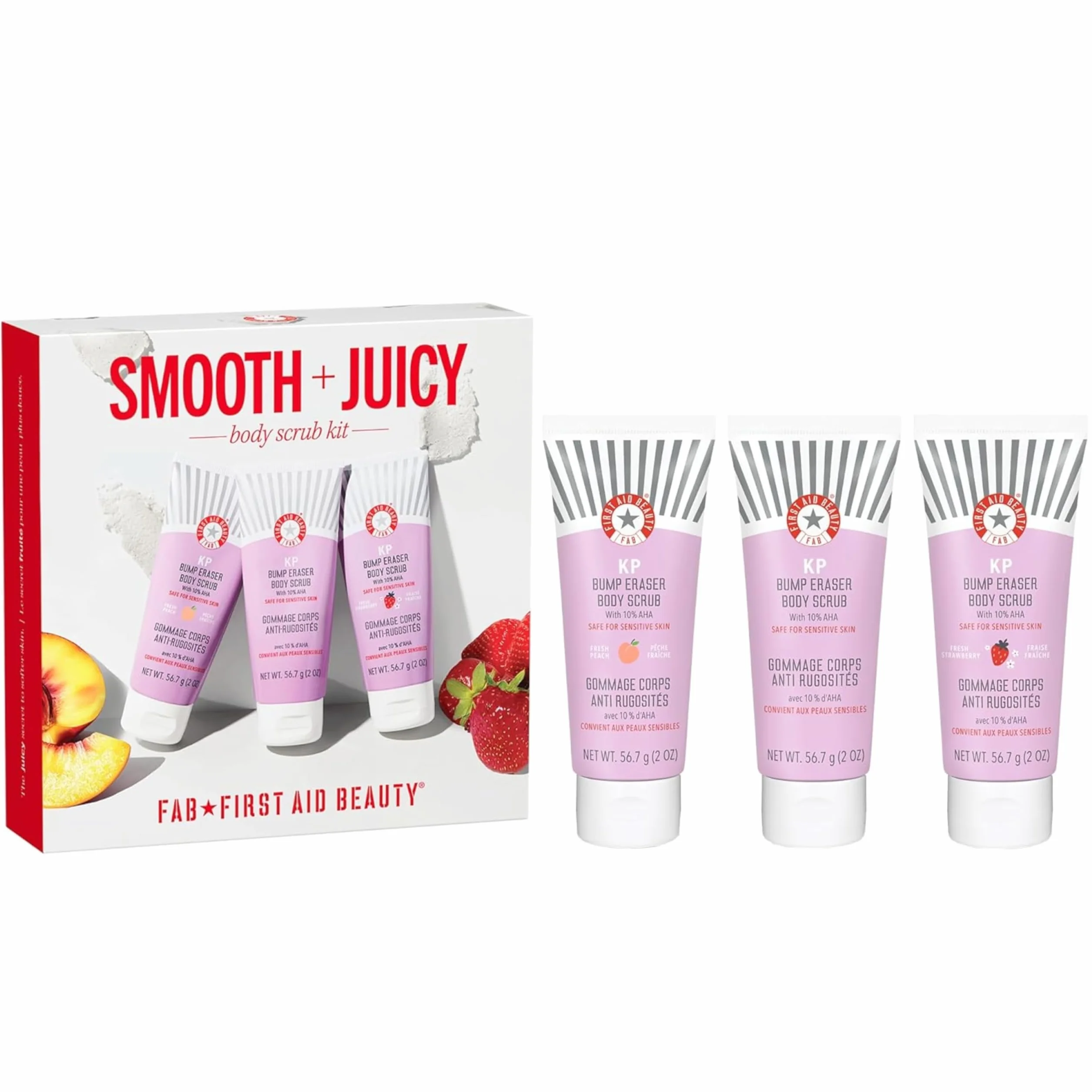 First Aid Beauty Coffret Smooth and Juicy Scrub 3 gommages corps KP format voyage exfoliants peau lisse saine éclatante lot de 3
