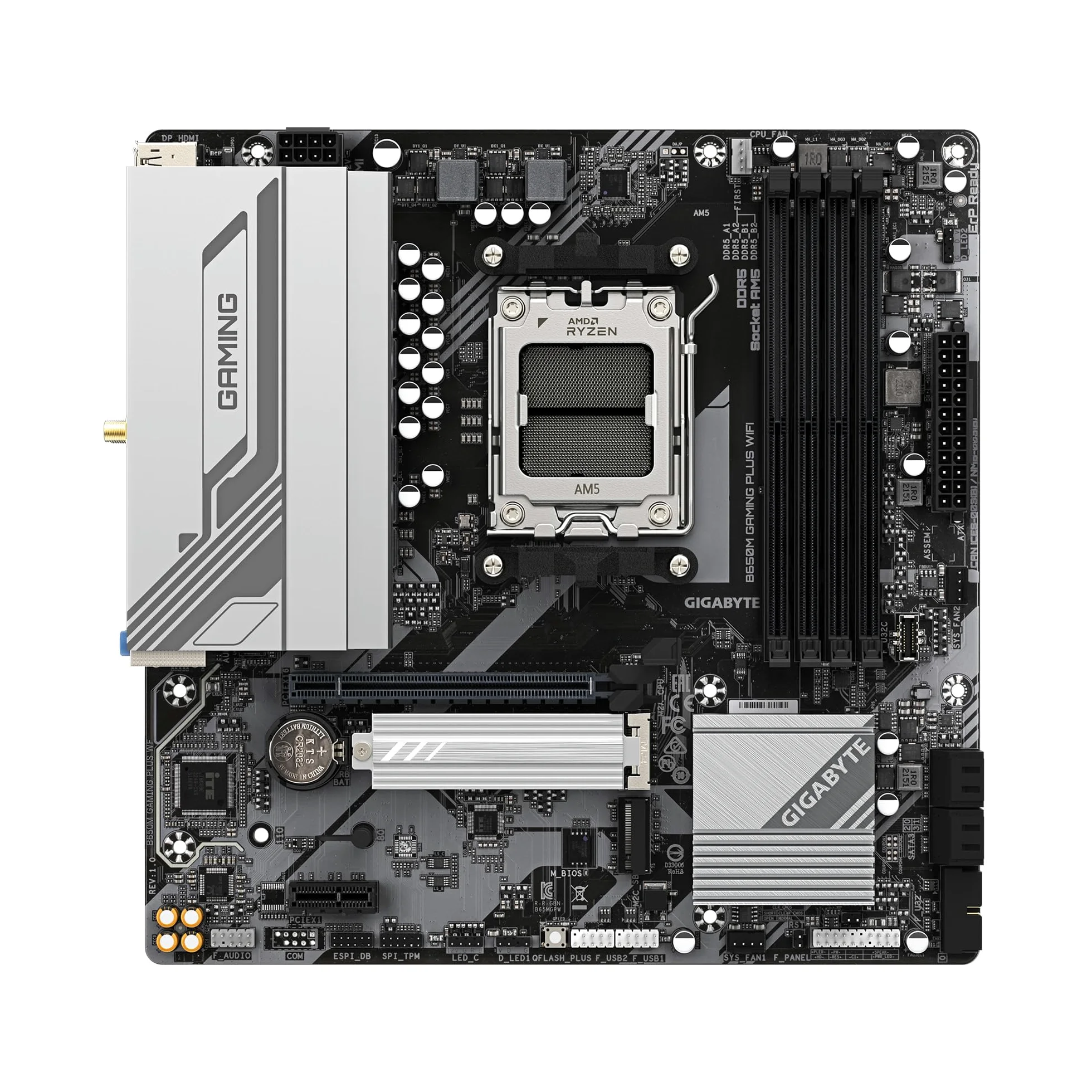 GIGABYTE B650M Gaming Plus Carte mère AMD AM5 mATX, compatible Ryzen 9000/8000/7000, DDR5, 5+2+2 Power Phase, 2 x M.2, PCIe 4.0, USB-C 3.2 Gen 1, WIFI6E, 2,5 GbE, EZ-Loquet, Q-Flash, RGB Fusion