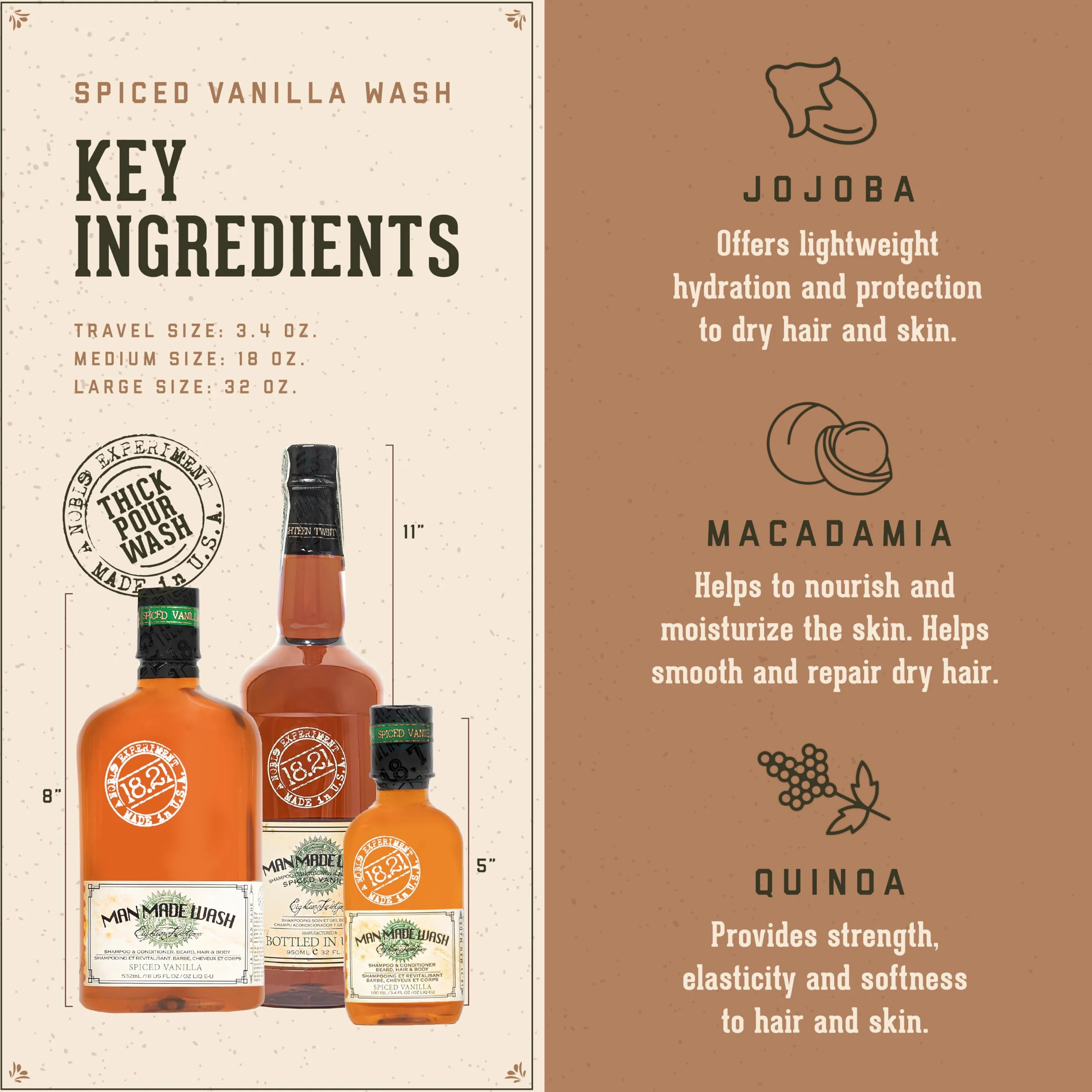 18.21 Man Made Wash Spiced Vanilla For Men 32 oz 3-In-1 Shampoo Conditioner Body Wash