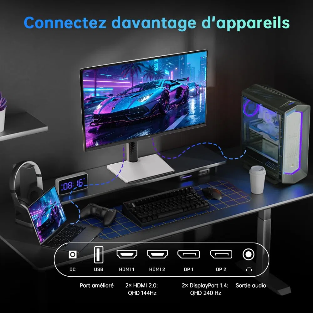 KTC H27E6S Écran Gaming 27 Pouces QHD 2560 x 1440, 240Hz (OC 275Hz), Fast IPS, 1 ms, HDR400, FreeSync & G-Sync Compatible, Eye Care, VESA 100x100mm, Pied Réglable en Hauteur, HDMI 2.0, DisplayPort 1.4