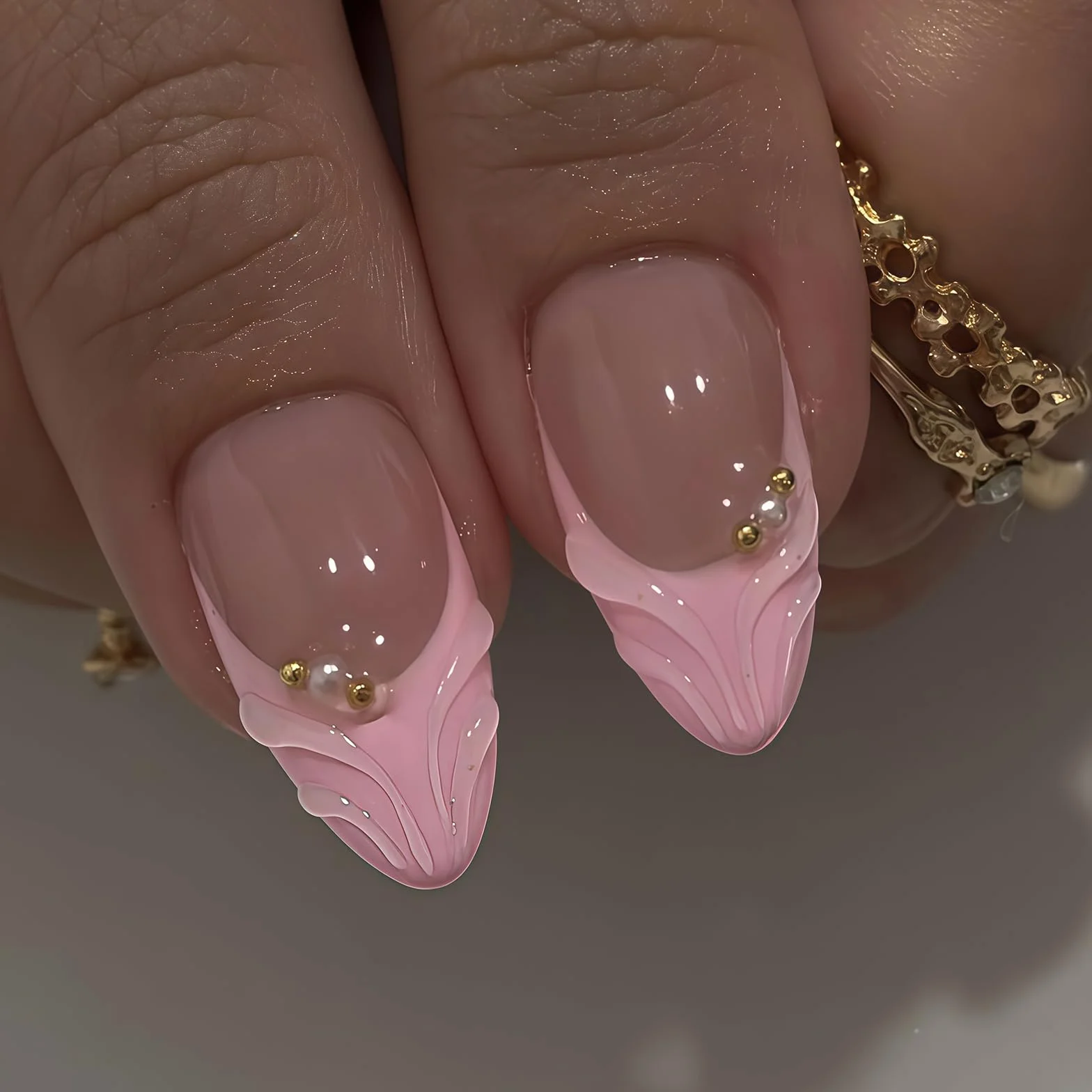 Set manucure 24 pièces ongles pressés French tip rose perles dorées paillettes fleurs 3D gel faux ongles réutilisables