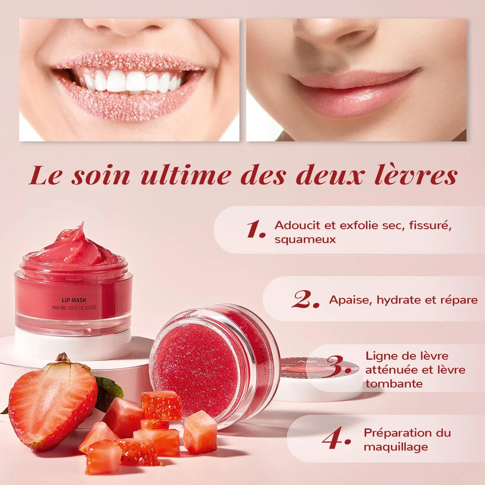 Kit de Soin pour les Lèvres ANAiRUi - Masque Baume & Gommage Sucré - Masque de Nuit Baies Vitamine C