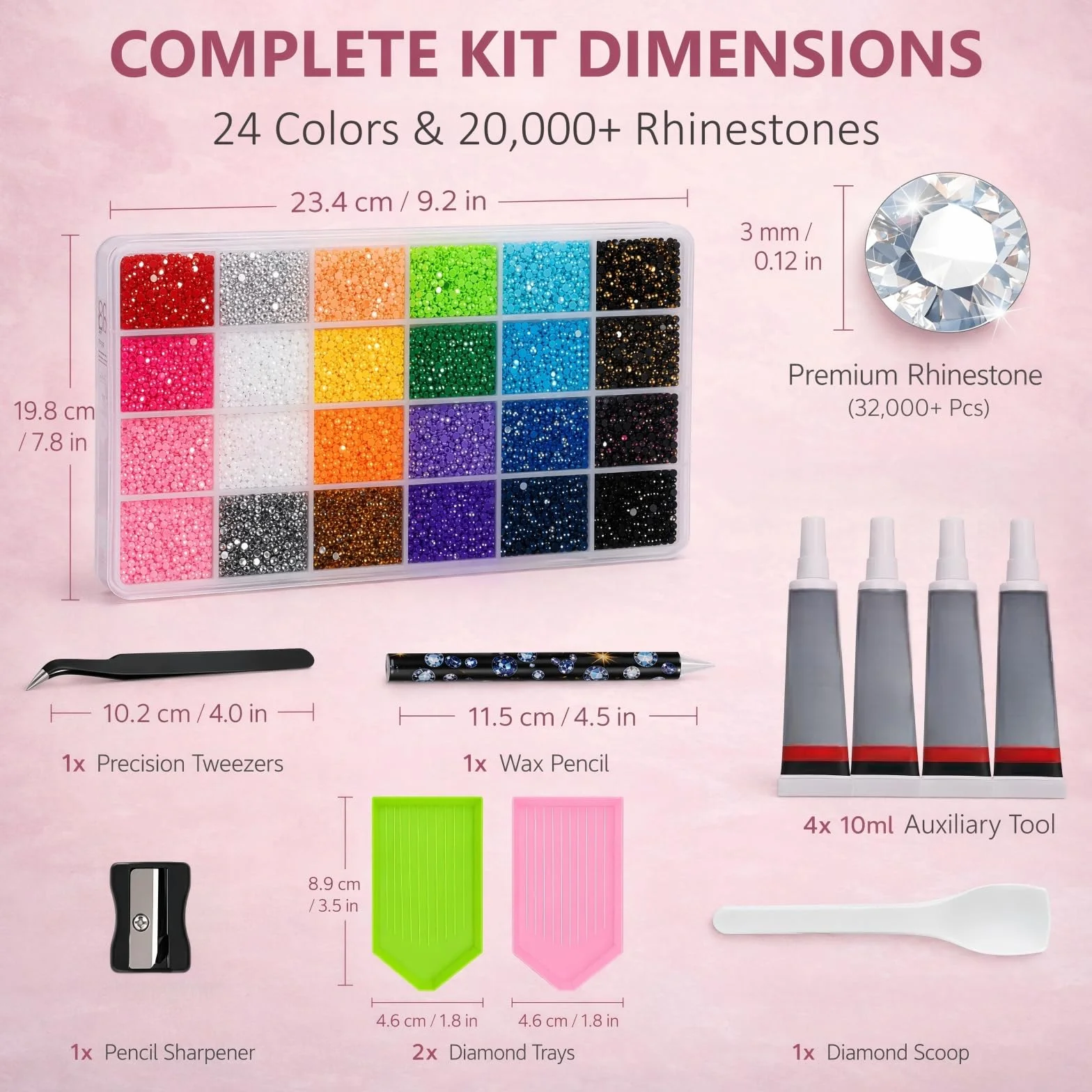 24 Couleurs 3mm Strass Ongle Nail Art, 20000+ Pcs Bedazzling Kit avec Pince à Épiler, Stylo à Pointiller, Rhinestone pour DIY