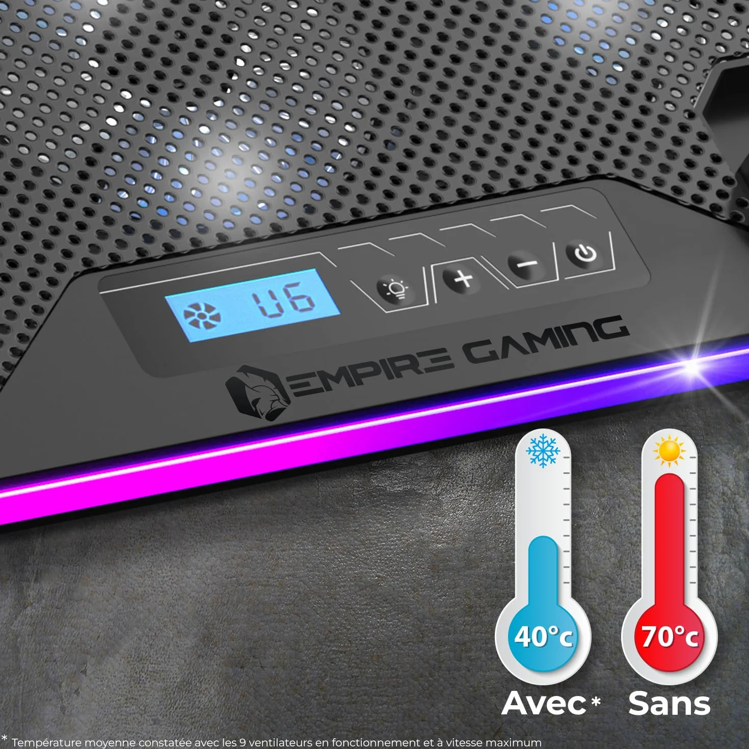 EMPIRE GAMING Guardian C900 Refroidisseur PC Ordinateur Portable 12-17 Pouces RGB Gamer 9 Ventilateurs Contrôleur LCD 10 Modes RGB 7 Hauteurs Réglables Support Amovible