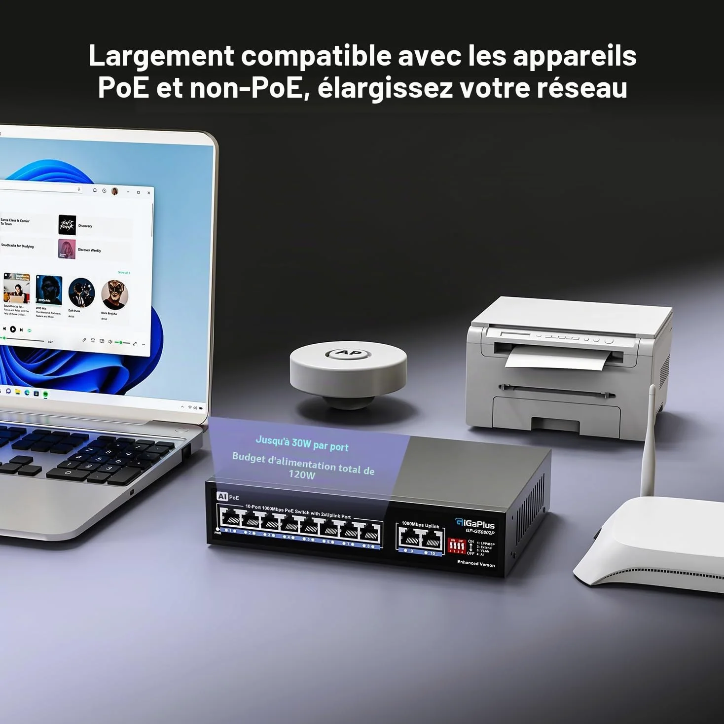 10 Port Gigabit PoE Switch with 8 Port PoE+ 1000Mbps, 2x1000Mbps Uplink, GiGaPlus 10 Port IEEE802.3af/at PoE @72W, Support VLAN, AI watchdog, Metal Housing, Desktop Or Wall-Mount, Plug & Play