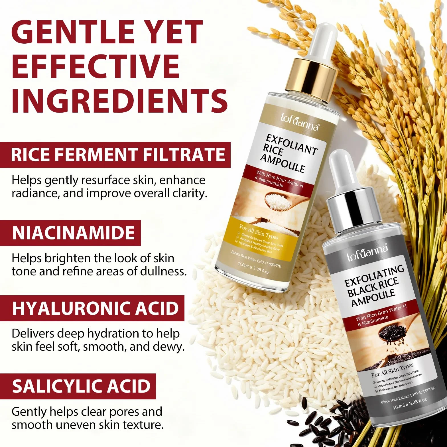 Sérum Exfoliant Visage au Riz Blanc 100ml + Riz Noir 100ml, Peeling Doux AHA BHA VB3, Éclat & Hydratation, Soin Coréen