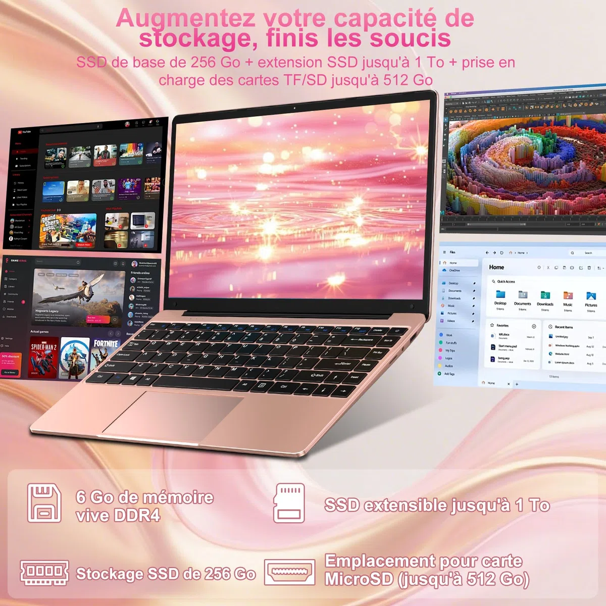 bvate Ordinateur Portable 14" 256 Go Win 11 N4020 Support Expansion 1 to SSD 1080P 2.4G+5G WiFi Mini HDMI & Souris sans Fil et Un Film de Clavier AZERTY pour Clavier - Or Rose