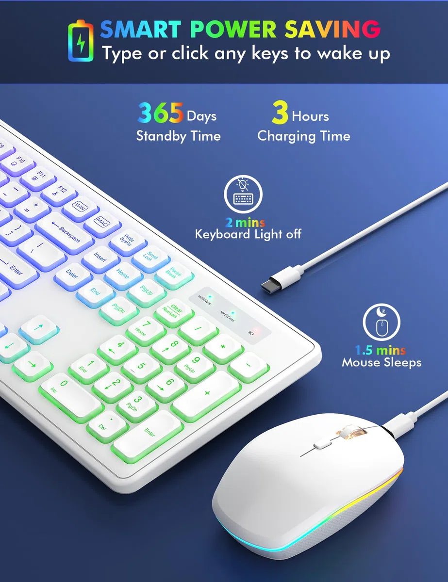 Clavier et souris sans fil – Rétroéclairé RVB, lettres rechargeables et lumineuses, pleine taille, angle d'inclinaison ergonomique, mode veille, clavier silencieux 2,4 GHz pour Mac, Windows,