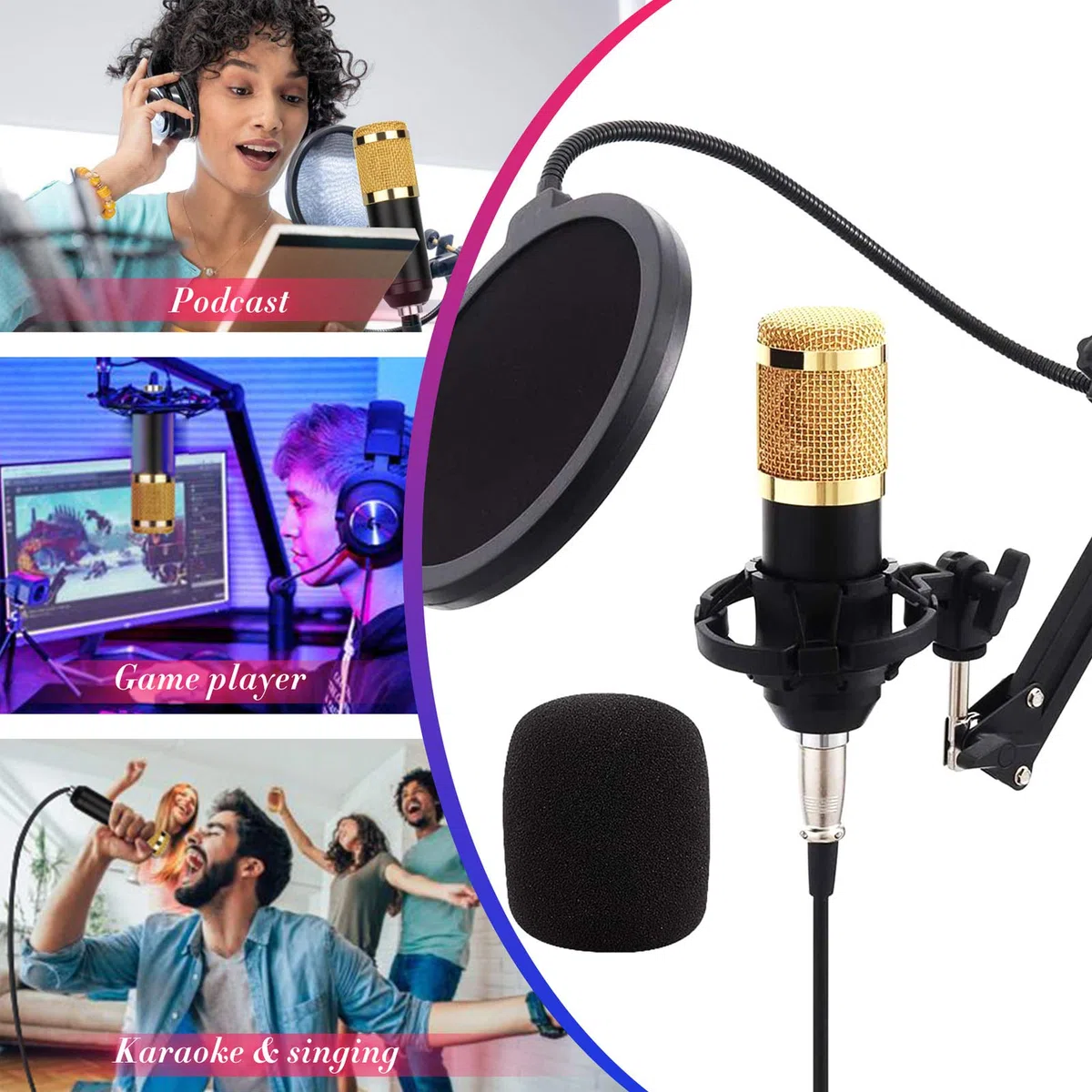 Carte Son, Carte Son multifonctionnelle en Direct, Ensemble de Microphones pour Carte Son, Ensemble de Microphones en métal pour Diffusion, Support réglable, 12 Effets sonores de Fond