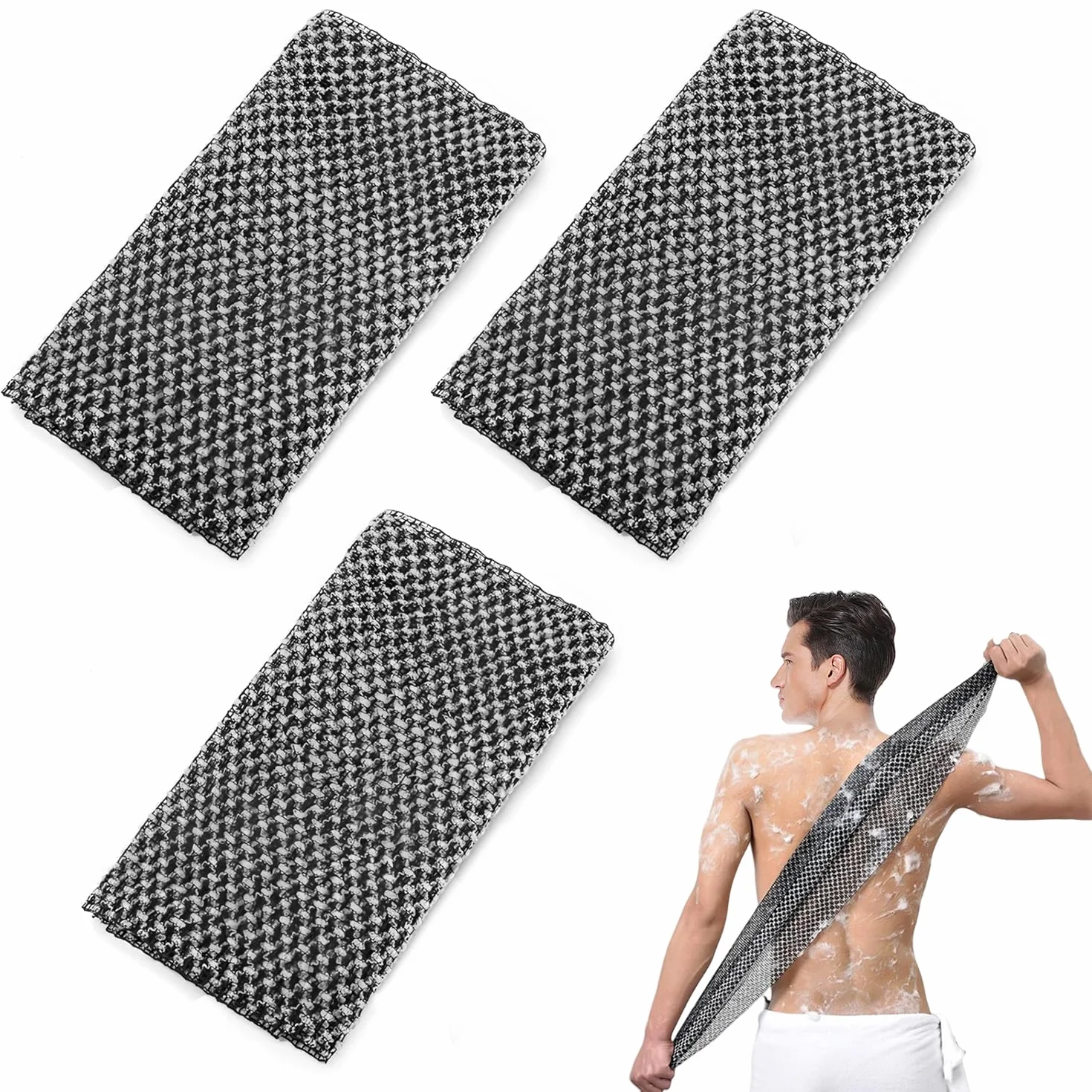 Serviettes Exfoliantes Lot de 3, Serviette de Douche Antibactérienne Longue, Gommage Corps Noir