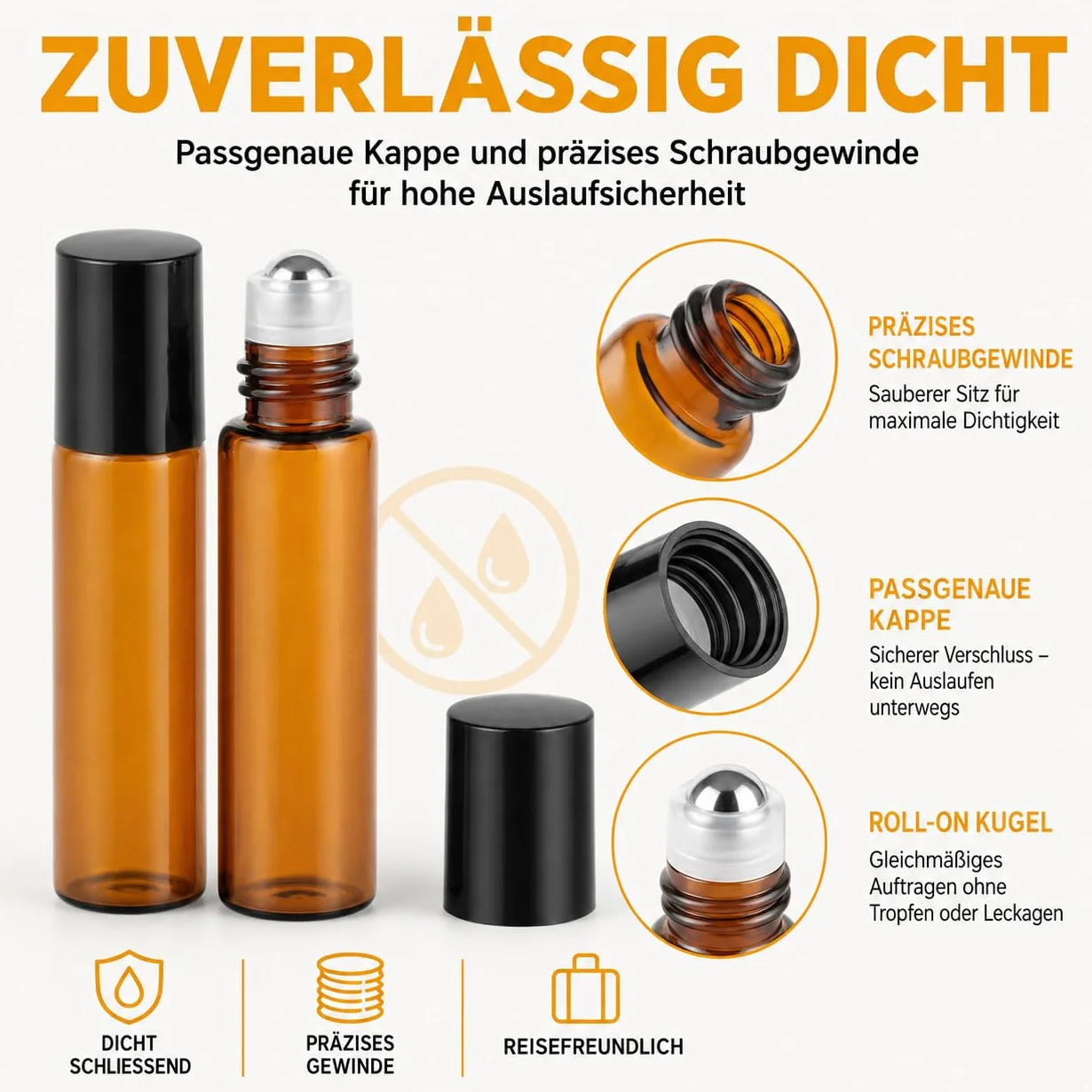 Lot de 50 Flacons Roll-On 5ml en Verre Ambré avec Billes en Acier Inox, Kit DIY Huiles Essentielles