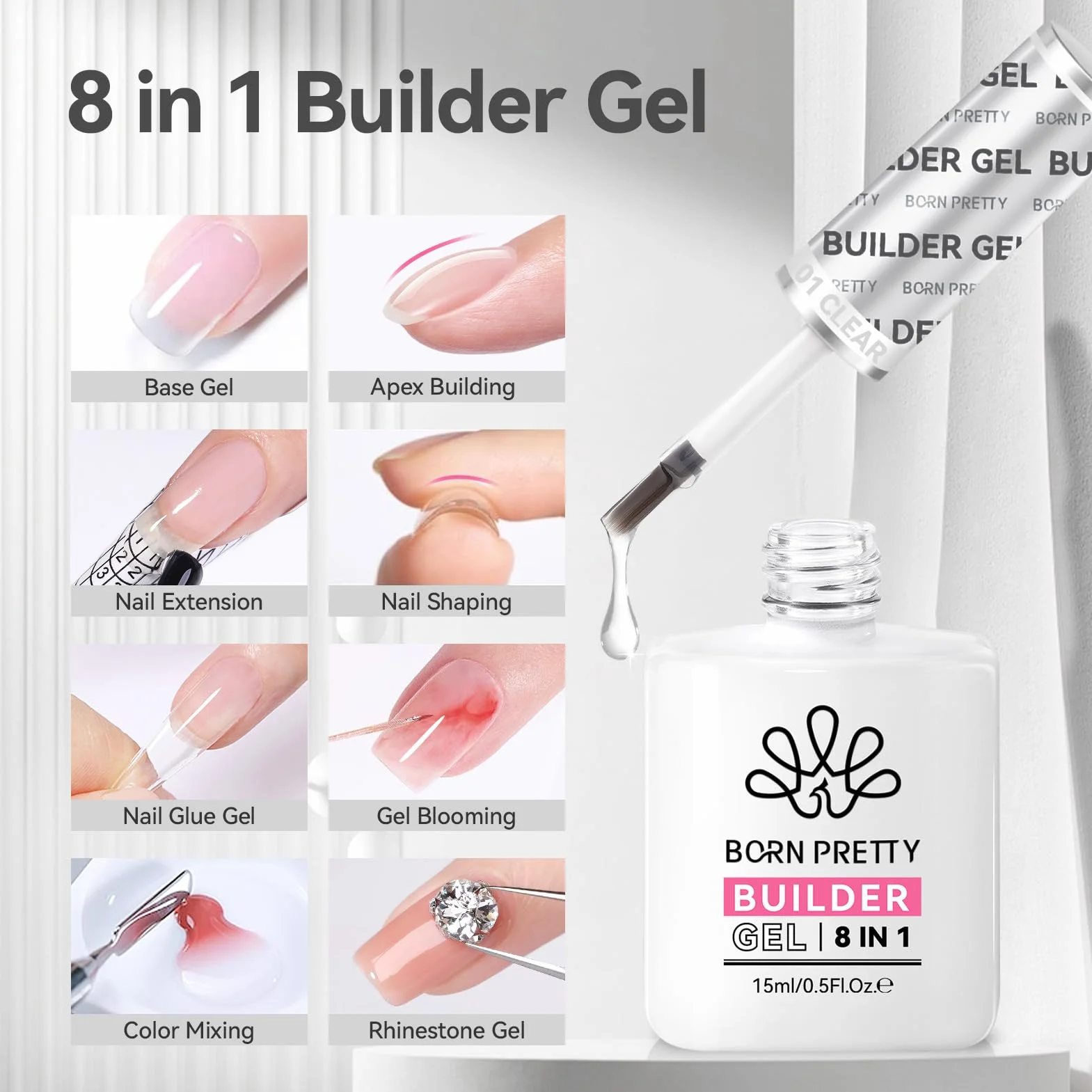 BORN PRETTY Gel Construction Ongle UV 15ML Builder Gel 8 en One UV/LED pour Nail Extension Manucure Renforcement
