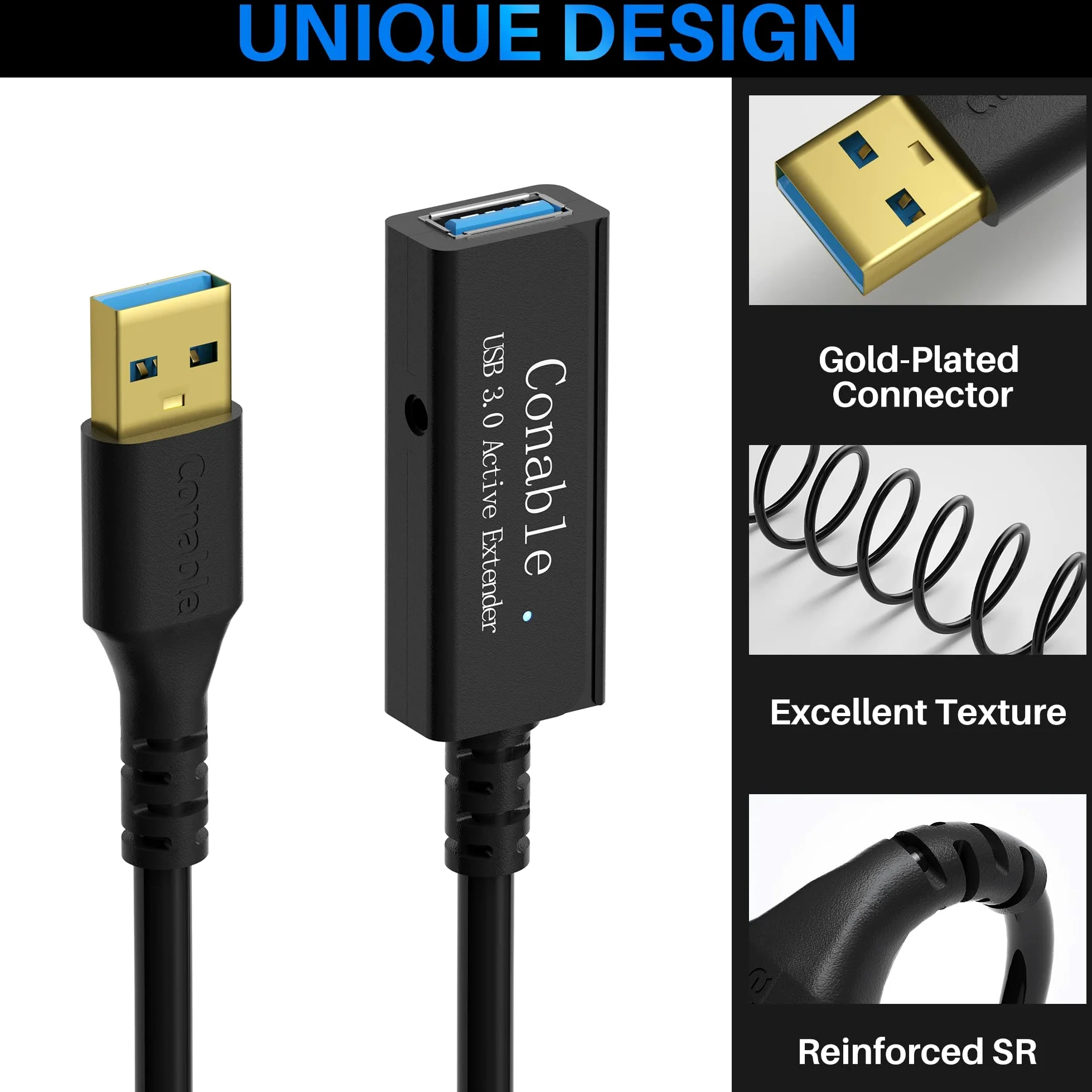 Conable Câble d'extension répéteur actif USB 3.0 de 12,7 m mâle vers femelle (6,1 m à 30,5 m) 5 Gpbs - Puce intelligente de transfert de signal avec 5 attaches Velcro