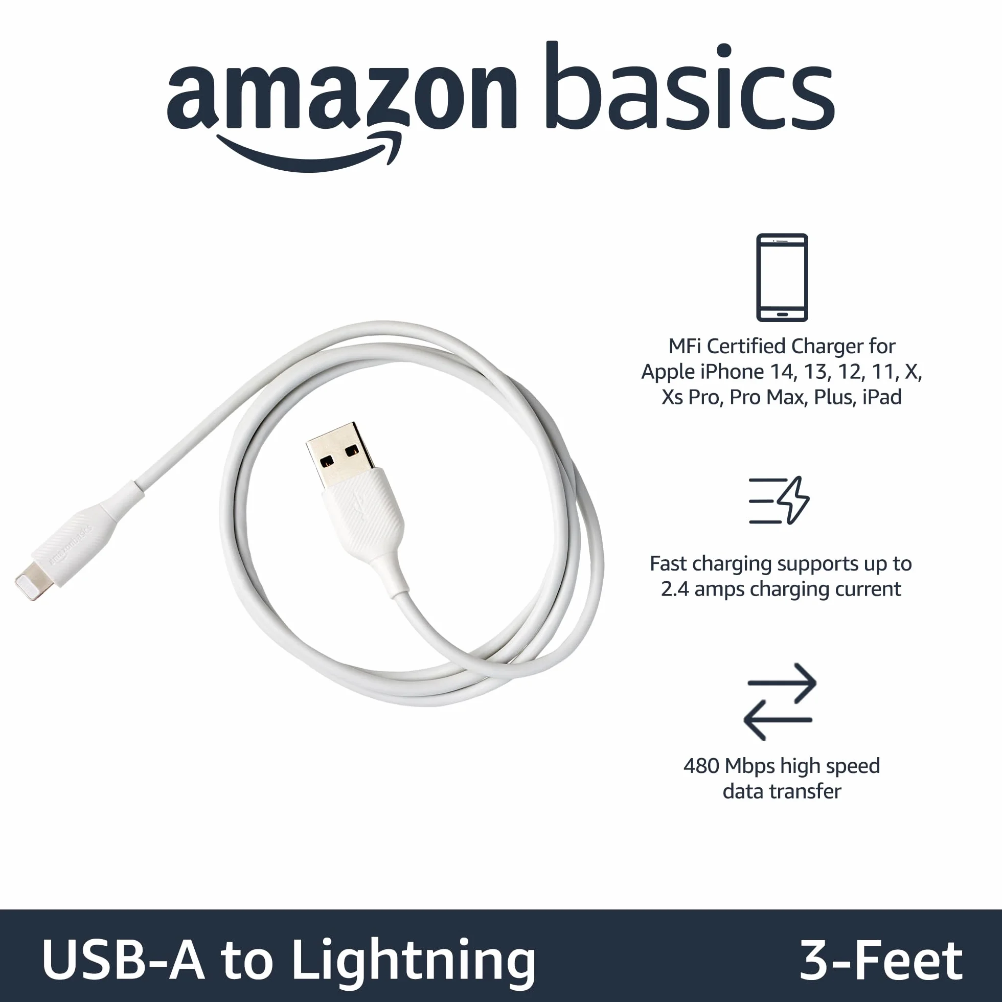 Amazon Basics Câble USB A vers Lightning certifié MFi pour iPhone Blanc 0.9 m