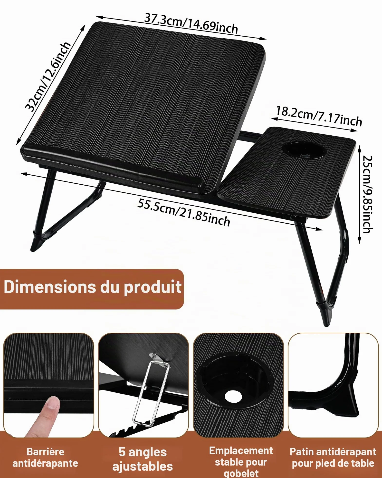 Plateau de Lit Pliable 55.5x32x25cm Table de Lit Support Ordinateur Portable 5 Positions 20kg Noir