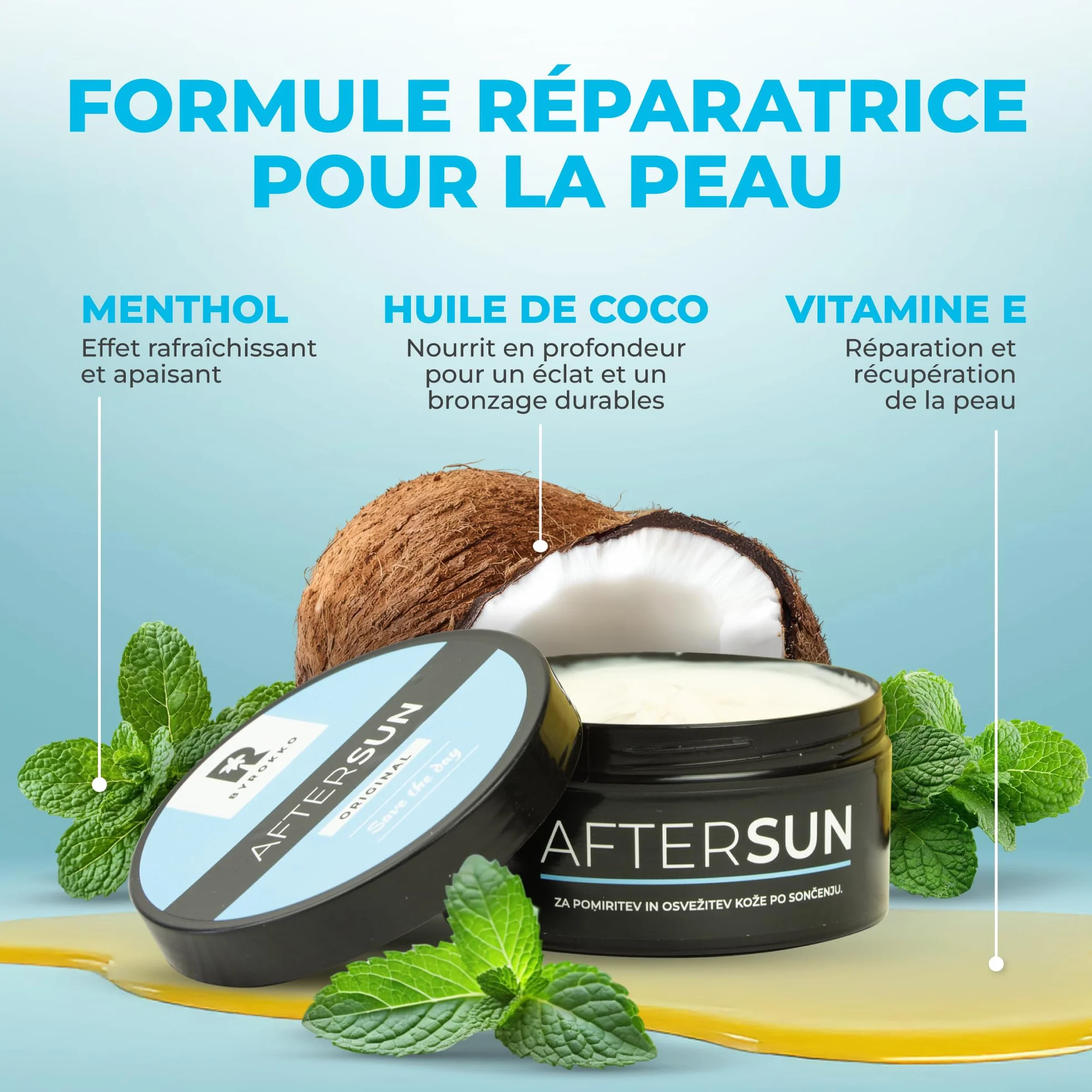 Crème après-soleil BYROKKO 195ml menthol beurre de mangue vitamine E rafraîchit hydrate nourrit Vegan Sans parabènes