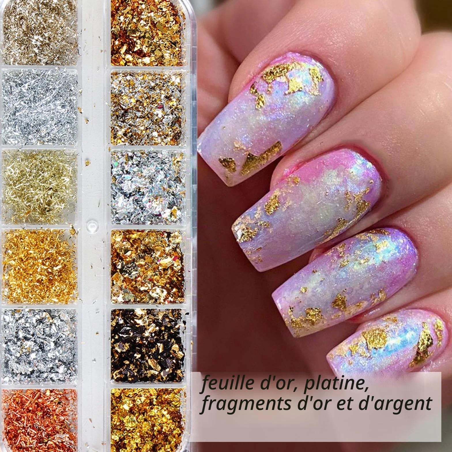 Yamobi Feuille d'or à ongles avec paillettes, 12 boîtes, pour nail art et manucure