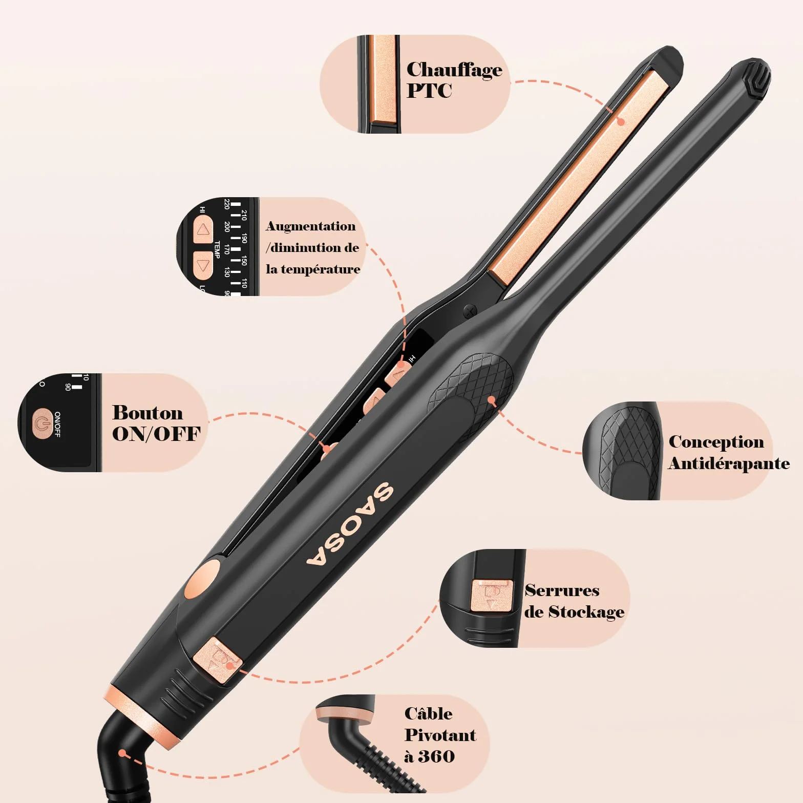 SAOSA 2-in-1 Mini Lisseur en Céramique pour Cheveux Courts, 90°C-210°C, Double Tension, Or rose