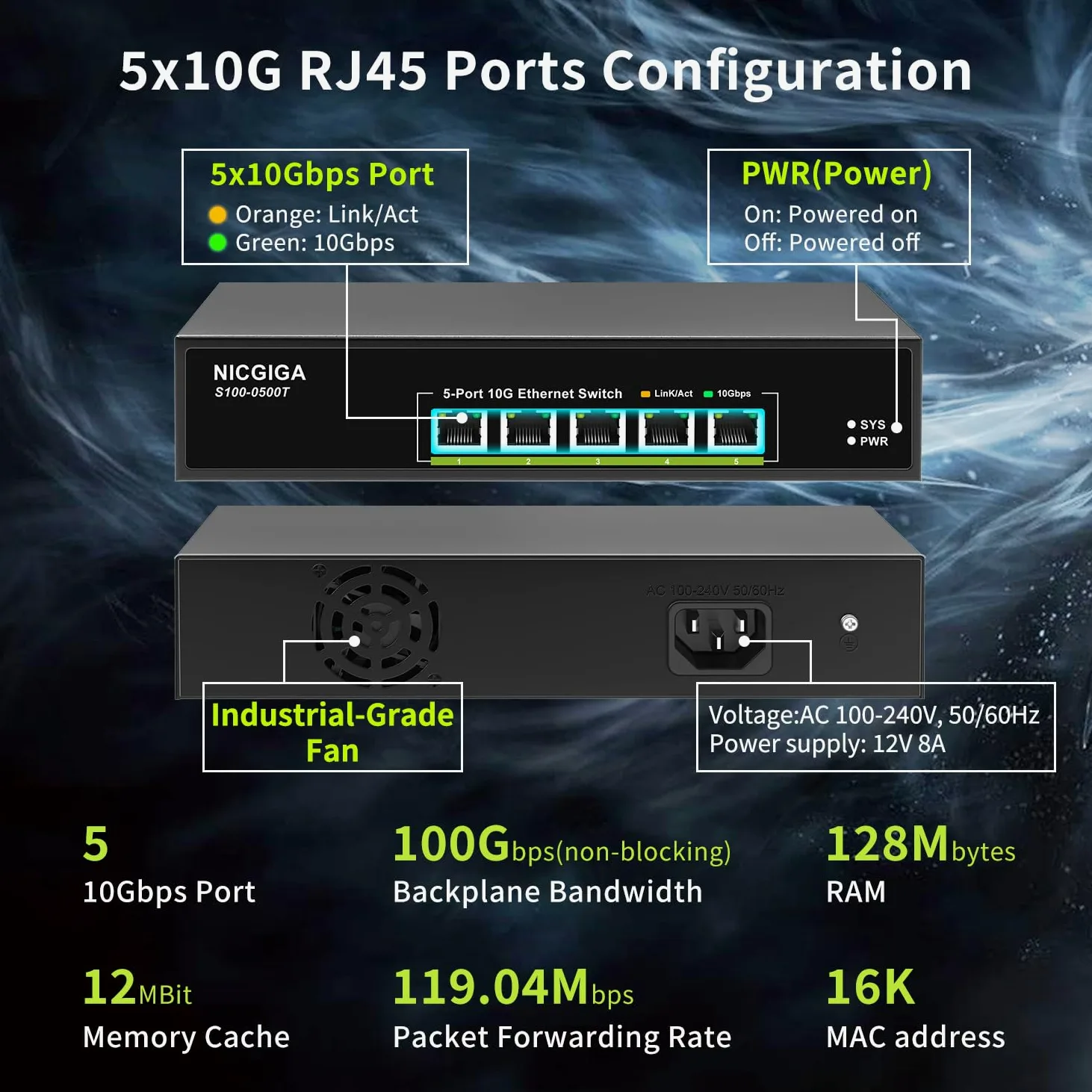 5 Port 10G Ethernet Switch Unmanaged,with 5X 10Gb Base-T RJ45 Ports, NICGIGA 10Gbps Network Switch Easy for 10Gbps NAS,PC,WiFi7 Router,10G Adapter/NIC. Desktop Or 19-inch Rack Mount, Plug and Play.