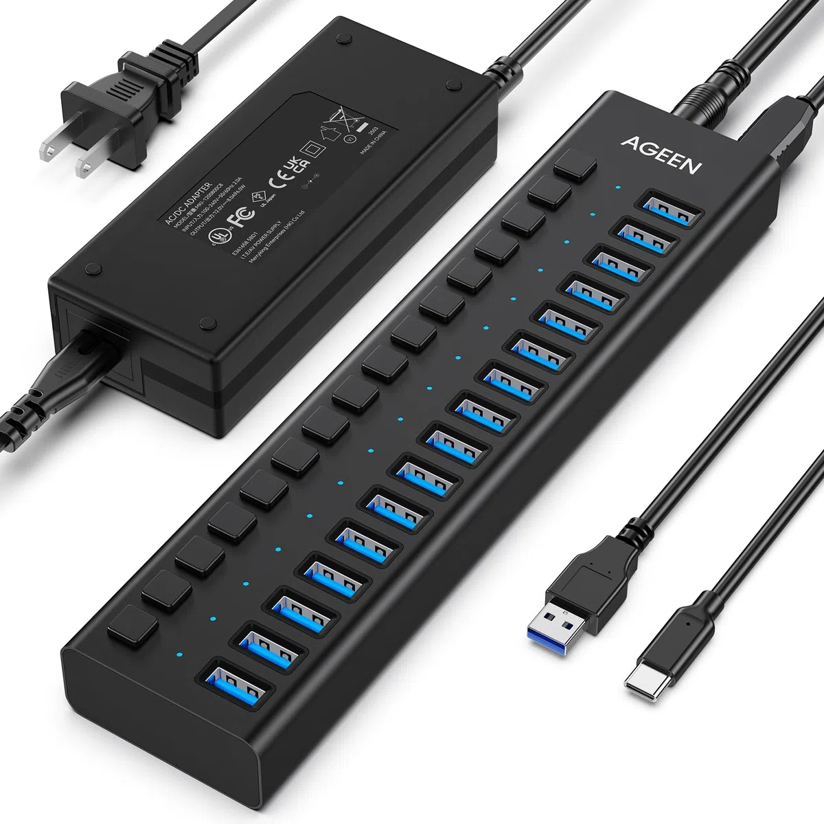 Hub USB 3.0 avec alimentation, répartiteur de hub USB C à 16 ports, 16 USB-A 3.2 10 Gbit/s avec commutateurs individuels, adaptateur d'alimentation certifié UL 12 V 8 A 96 W pour ordinateur portable