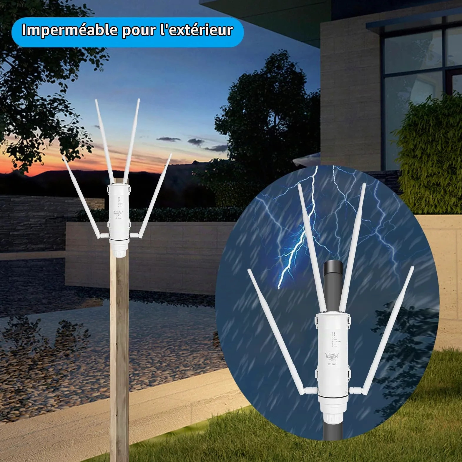 Répéteur WiFi Extérieur AC1200 Amplificateur WiFi Extérieur IP65 | Antenne WiFi Extérieur longue portée Double bande 2.4GHz 5GHz 4 antennes Répéteur WiFi pour caméra jardin garage terrasse