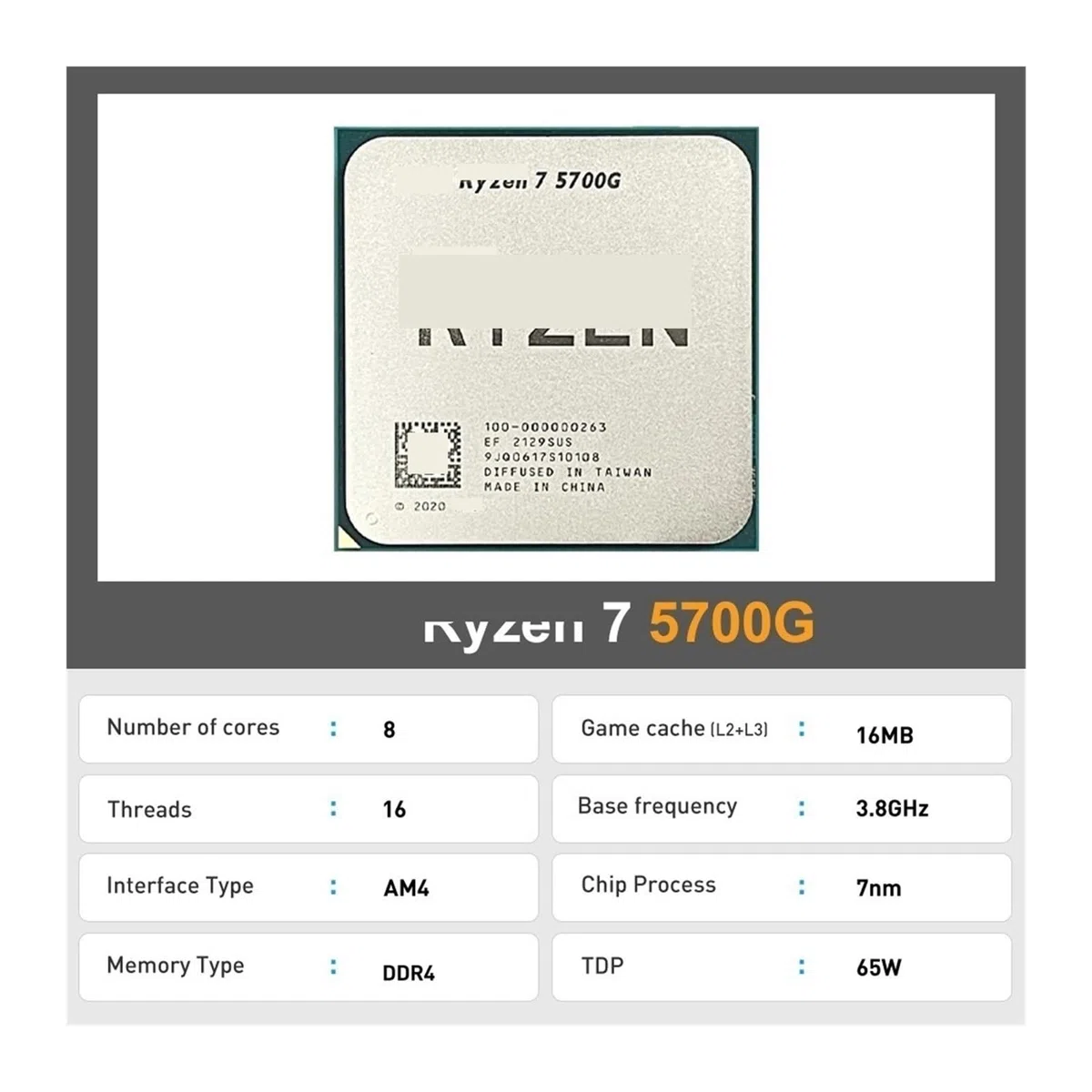Processeur r-yzen 7 5700G 4,6 GHz 8 cœurs 16 Threads R7 5700G L3 = 16 M 7NM Socket AM4 DDR4 processeur 65 W mais sans Refroidisseur