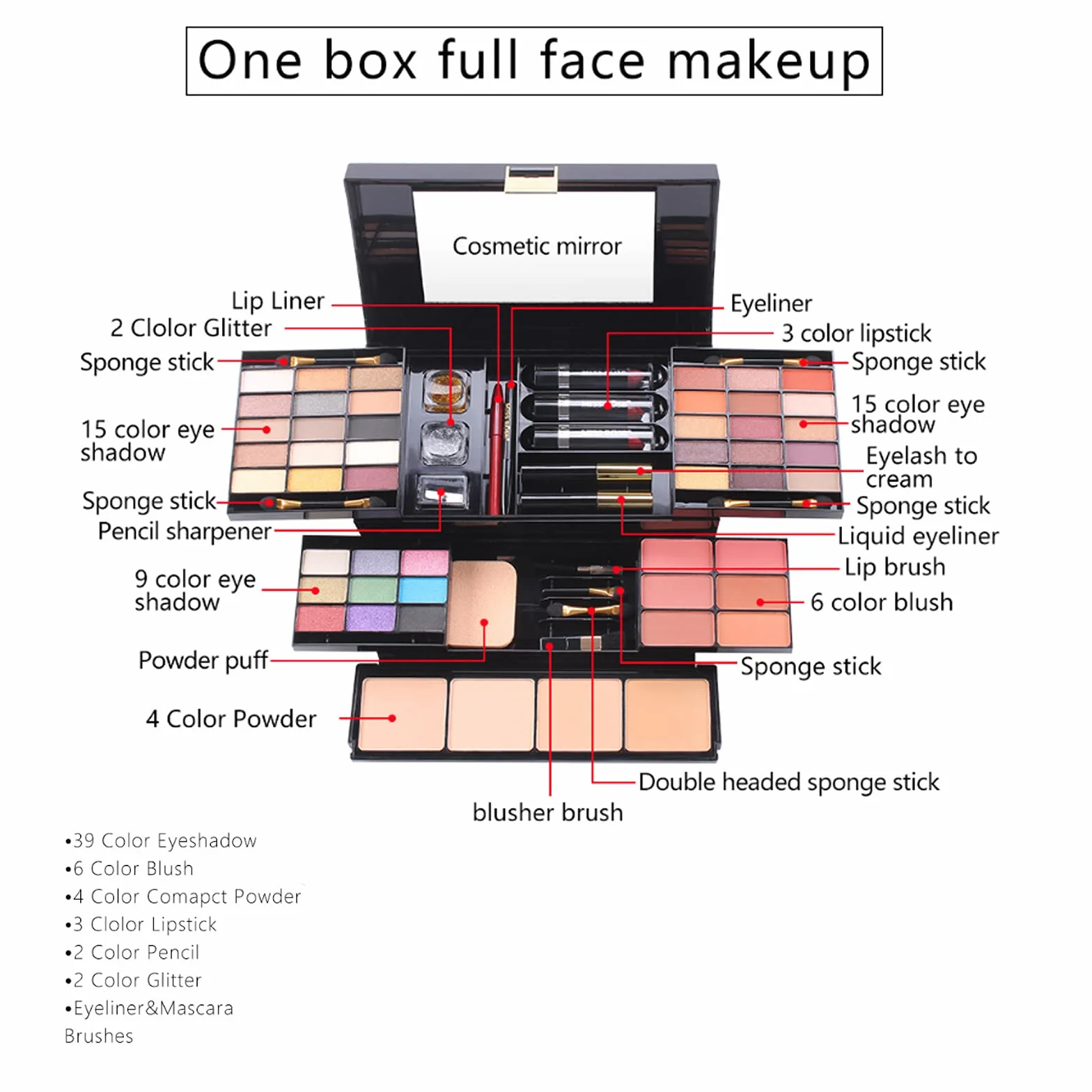 Kit de Maquillage Complet Femme avec Ombre à Paupières, Rouge Lèvres, Brosse Cosmétique, Compact Powder, Mascara, Eyeliner