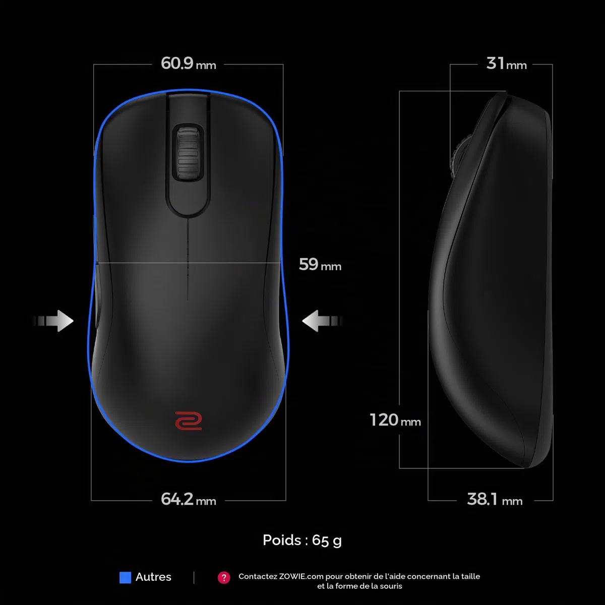 BenQ Zowie S2-DW 4K Souris Gaming sans Fil pour l’Esport | Science du Sport | récepteur 4K amélioré | 65g | symétrique | sans Pilote | capteur 3950 | 4K Polling Rate