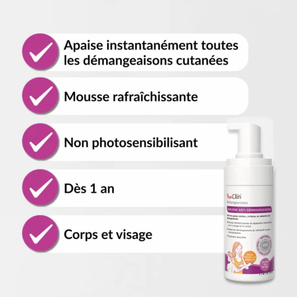PoxClin Démangeaisons Mousse Anti-Démangeaisons 100 ml Eczéma Urticaire Piqûres Insectes Coup Soleil Visage Corps