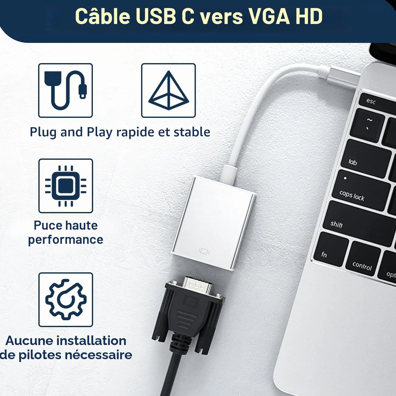 Adaptateur USB C vers VGA, Compatible Thunderbolt 3/4, Résolution 1920x1200, Boîtier Aluminium pour MacBook Pro/Air