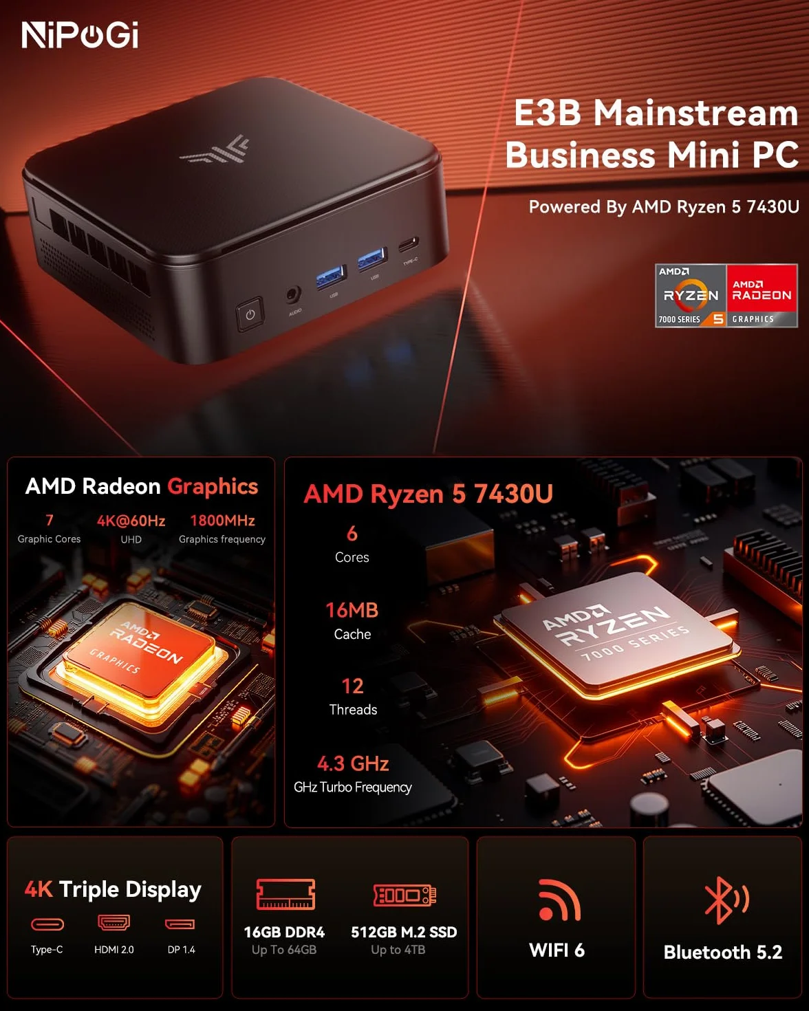NiPoGi E3B Mini PC, ΑΜD Ryzen 5 7430U(6C/12T), 32Go(16Go*2) DDR4, 512Go SSD | Max 4.3GHz, W-11 PRO, WiFi 6 & BT 5.2, 4K Triple Display, Support VESA, Mini Ordinateur pour le Bureau, l'Étude et la Maison