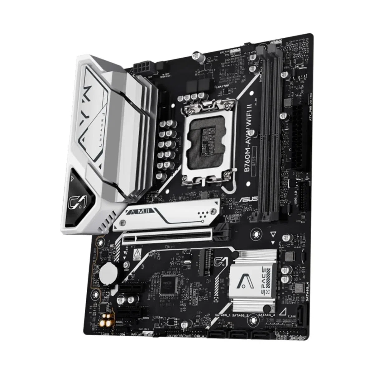 ASUS B760M-AYW WiFi II, Carte mère Intel mATX, LGA 1700, Emplacement DDR5, PCIe 5.0, Deux emplacements M.2, Ethernet Realtek 2.5Gb, Wi-FI 6, HDMI 2.1, SATA 6 Gbps, Ports USB Avant 5 Gbps, Aura Sync