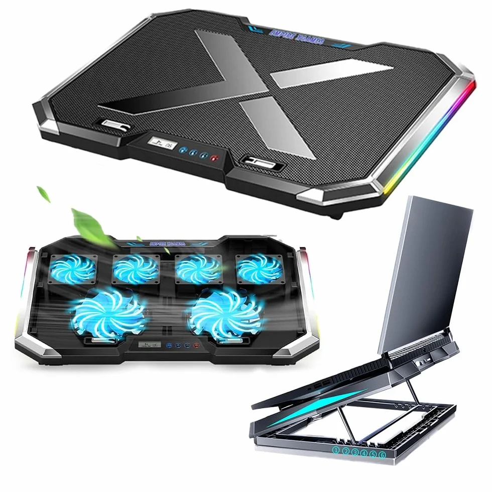 Q8 RGB LED Support Ordinateur Portable 6 Ventilateurs 18 Pouces Inclinaison 0-32° Écran LCD Silencieux 25dB USB