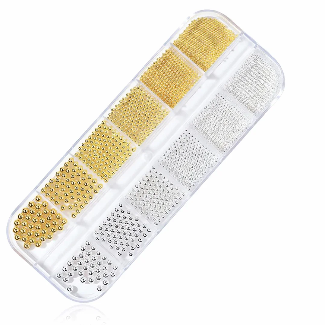 Perles à dos plat pour nail art, Lot de 2 boîtes en acier doré et argenté, 3D petite perle design deco ongle