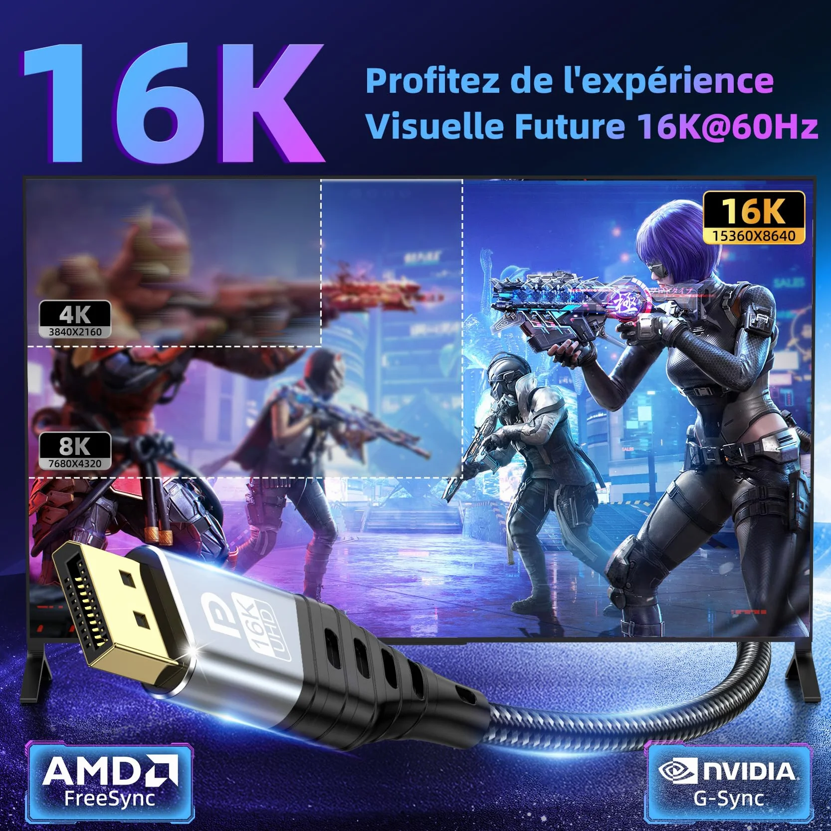 Câble DisplayPort 2m 2.1 16K DP 80Gbps HDR FreeSync G-Sync DSC 1.2a HDCP 2.2