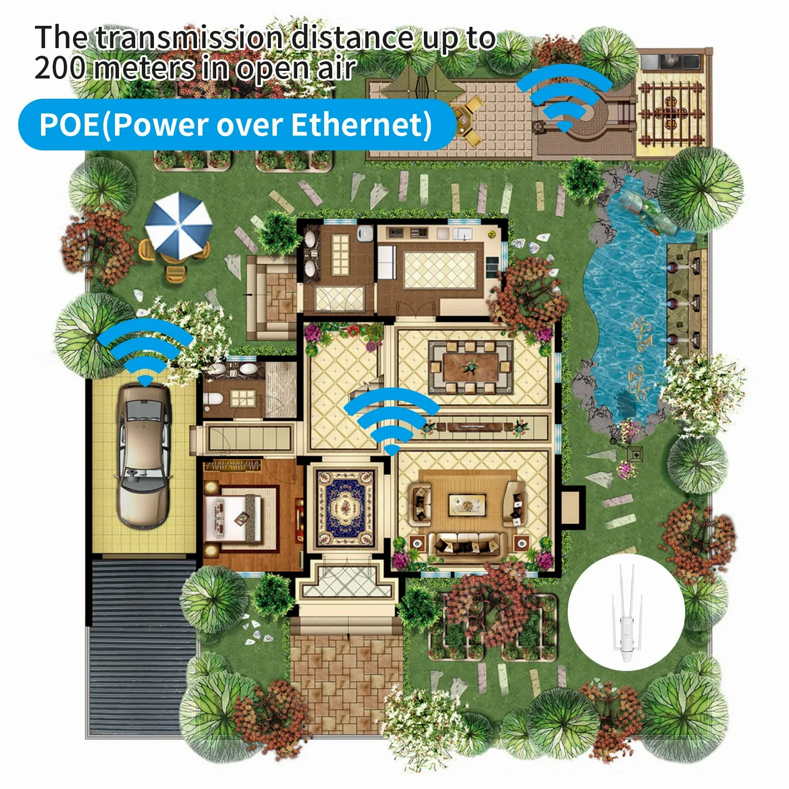 Répéteur WiFi Extérieur AC1200 Amplificateur WiFi Extérieur IP65 | Antenne WiFi Extérieur longue portée Double bande 2.4GHz 5GHz 4 antennes Répéteur WiFi pour caméra jardin garage terrasse